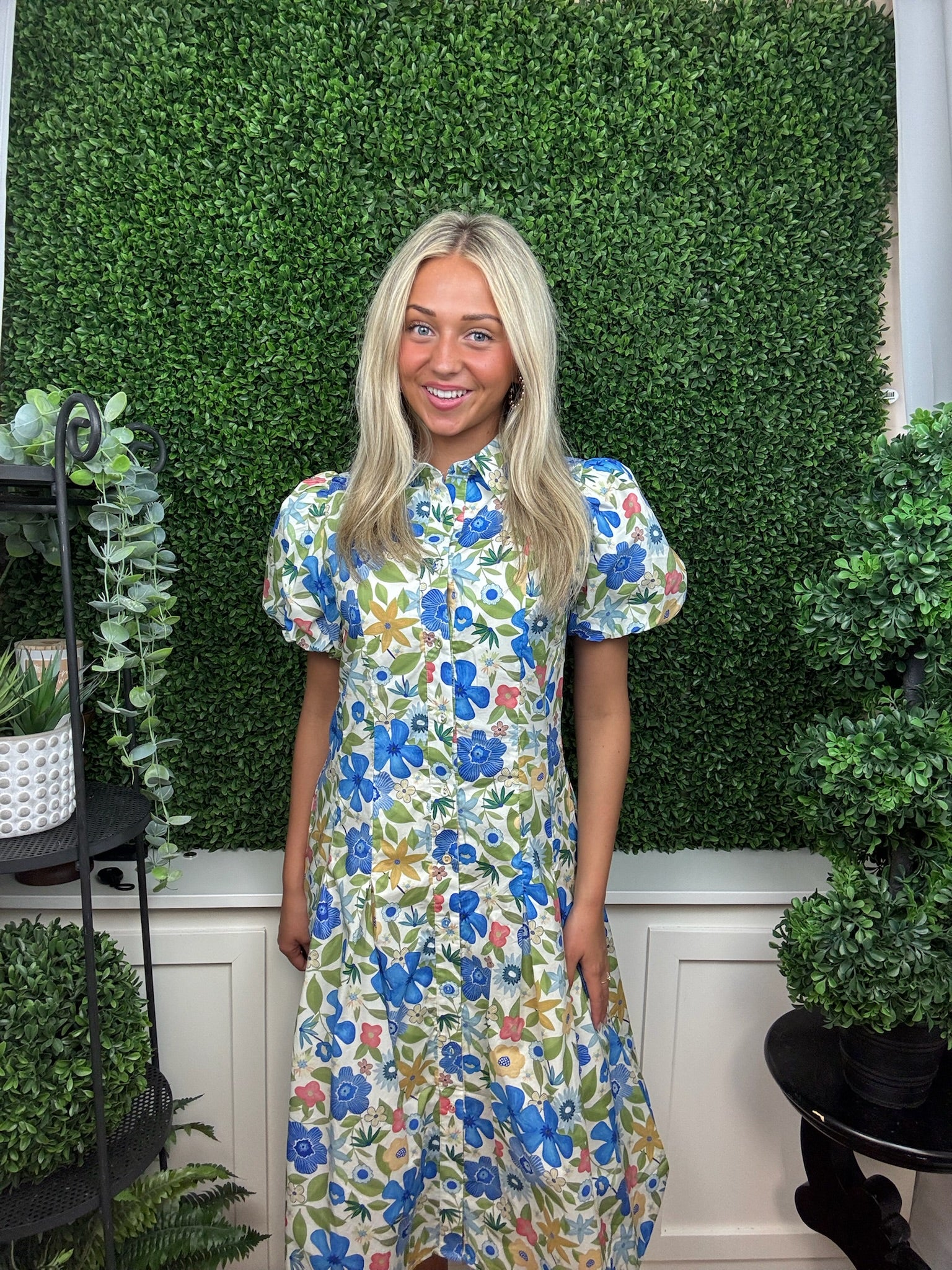Vintage Floral Puff Sleeve Shirt Dress