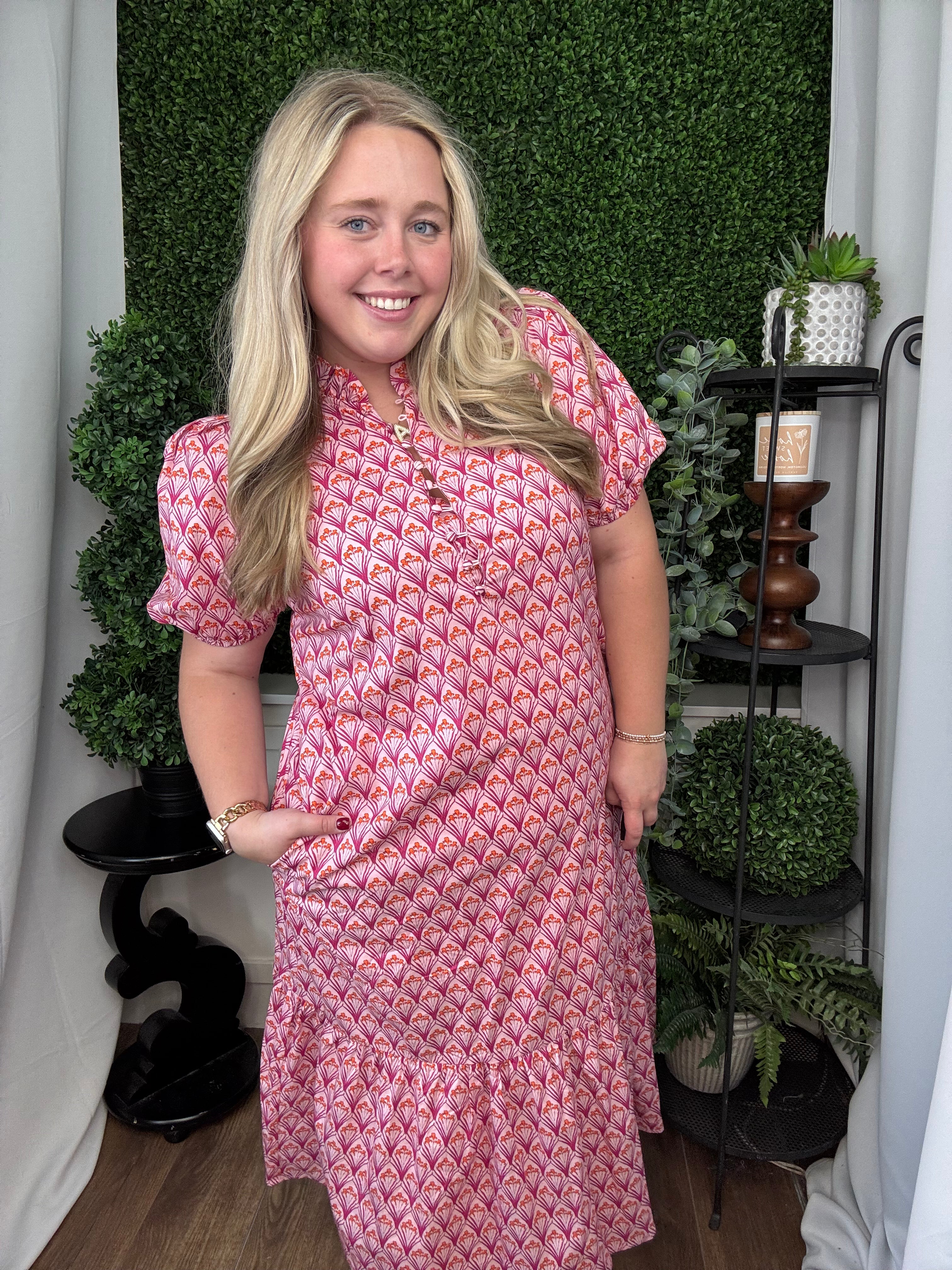 FLORAL PRINT PLEATED PUFF SLEEVE MIDI DRESS