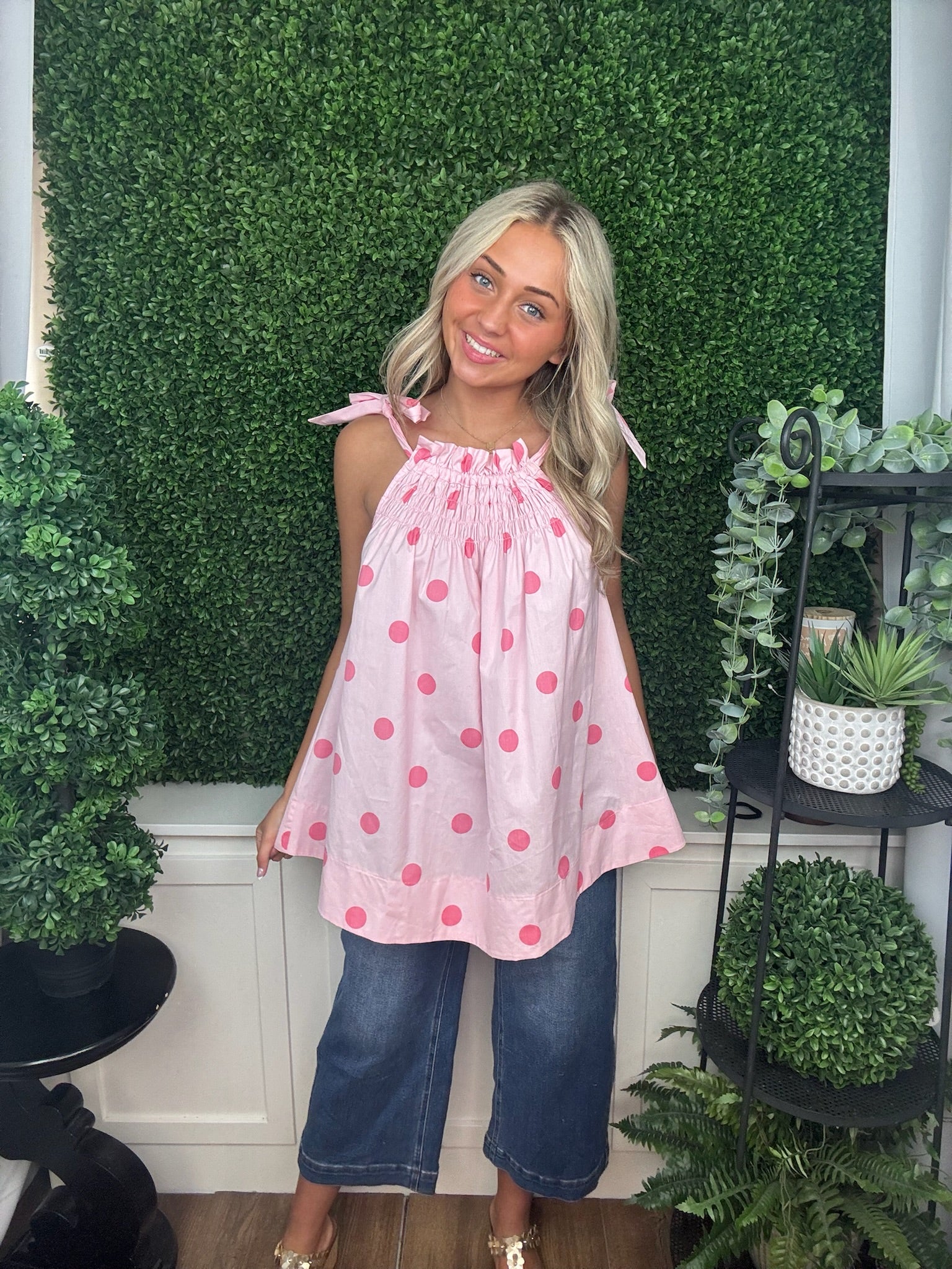 Sweet Dot Smocked Tie-Shoulder Top