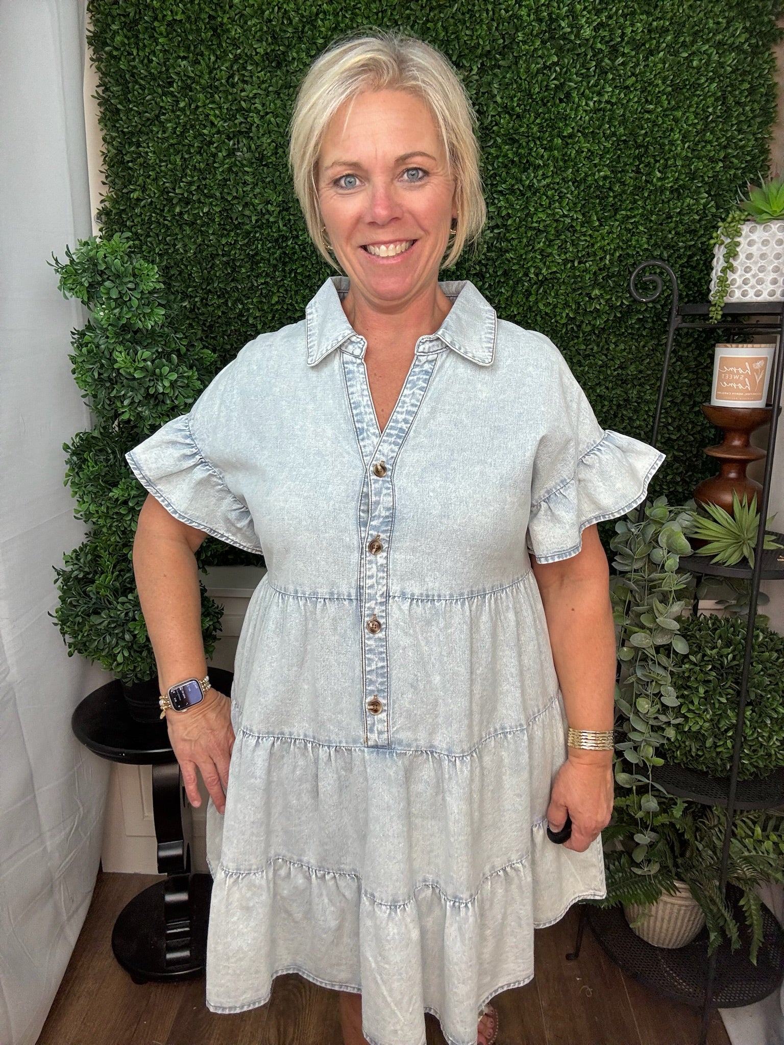 Light Denim Button-Front Tiered Babydoll Top