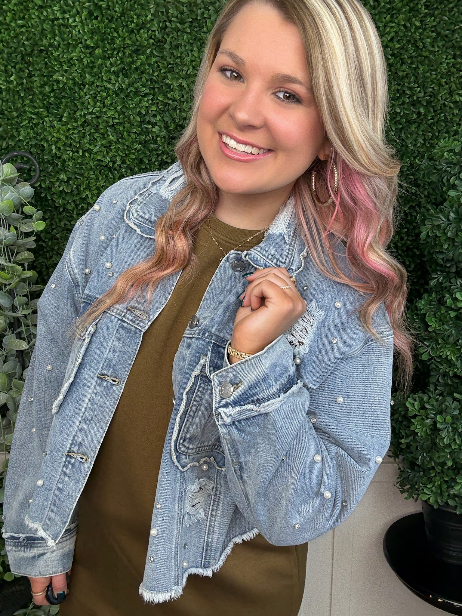 SCALLOP DETAILED GLITZY DENIM JACKET - MEDIUM WASH