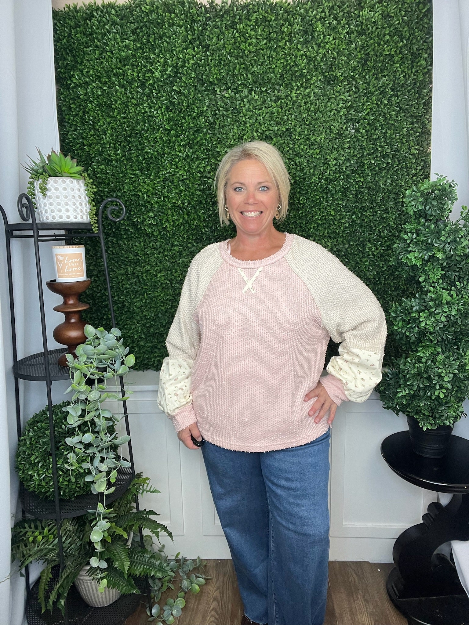 RAGLAN SLV COLOR BLOCK CASUAL KNIT TOP - BABY PINK