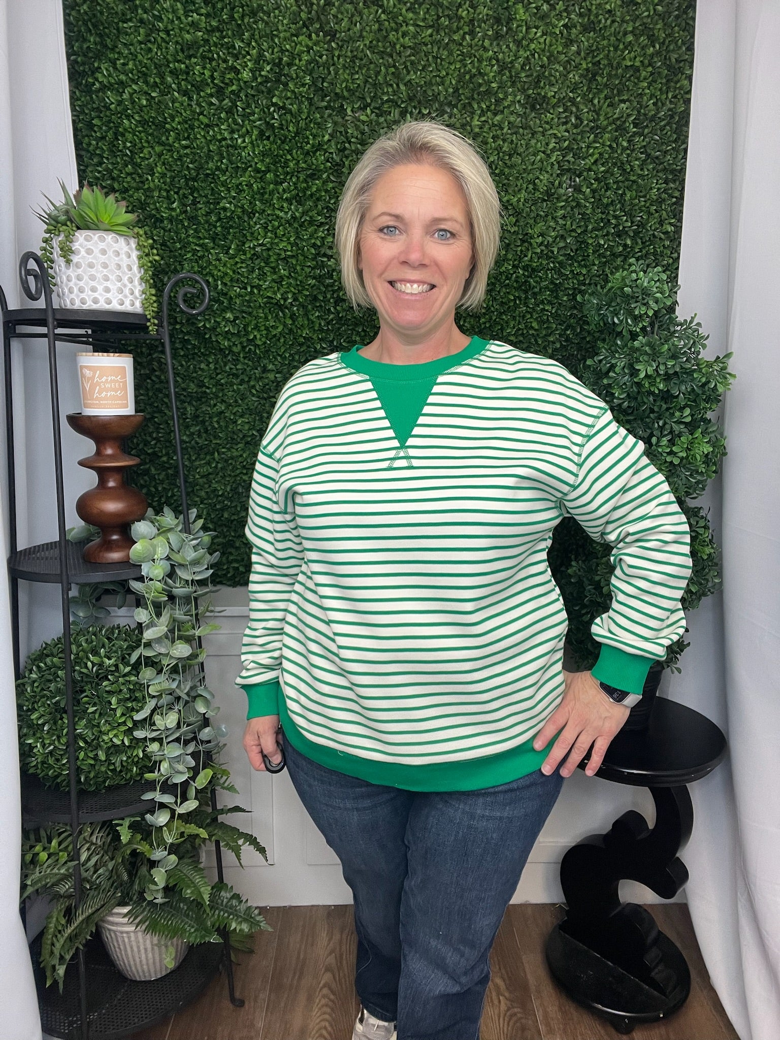 STRIPED ROUND NECK LONG SLEEVE TOP - MISSY GREEN