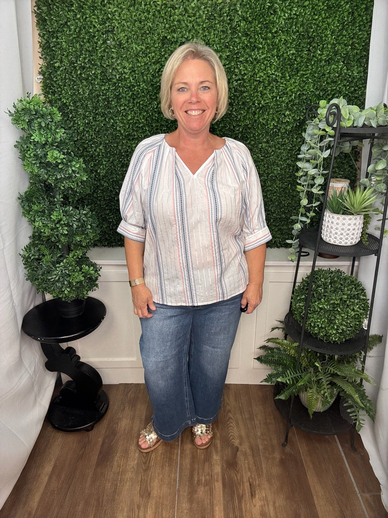 STRIPE SPLIT NECK TOP - MULTI