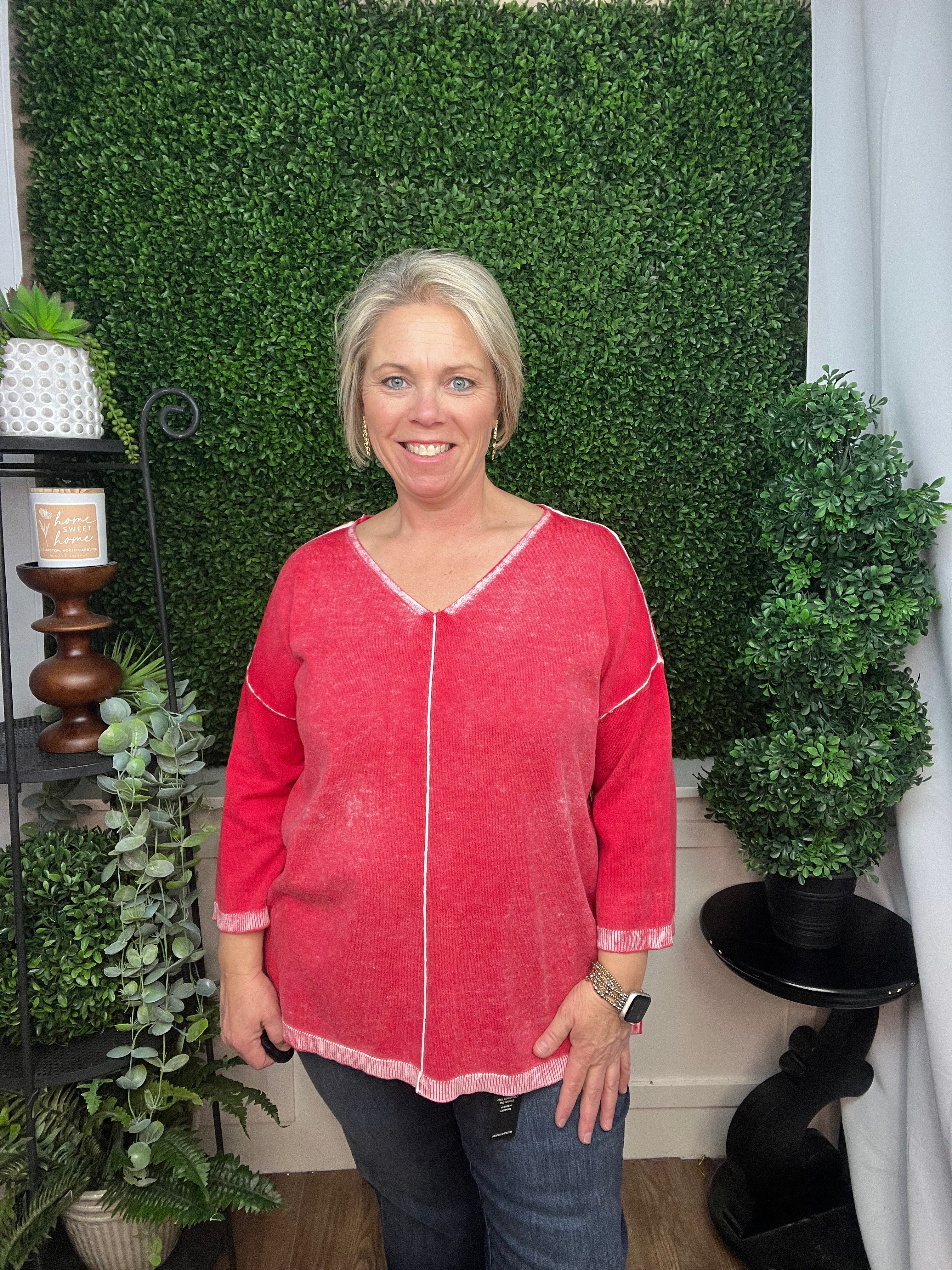 REVERSE PRINTED V-NECK SWEATER W/FRONT POCKET - WATERMELON