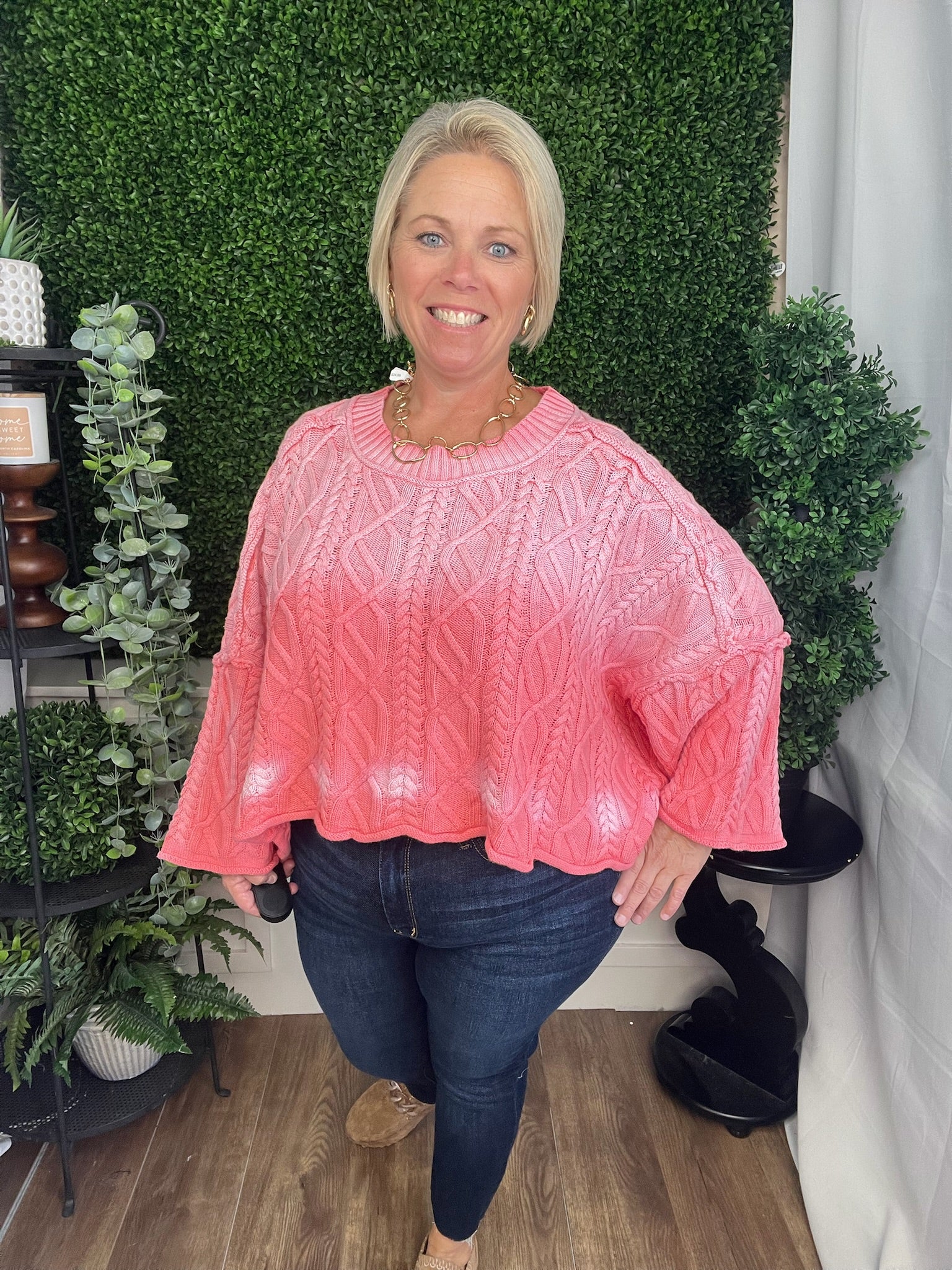 PINK SLOUCHY OVERSIZED CABLE KNIT SWEATER