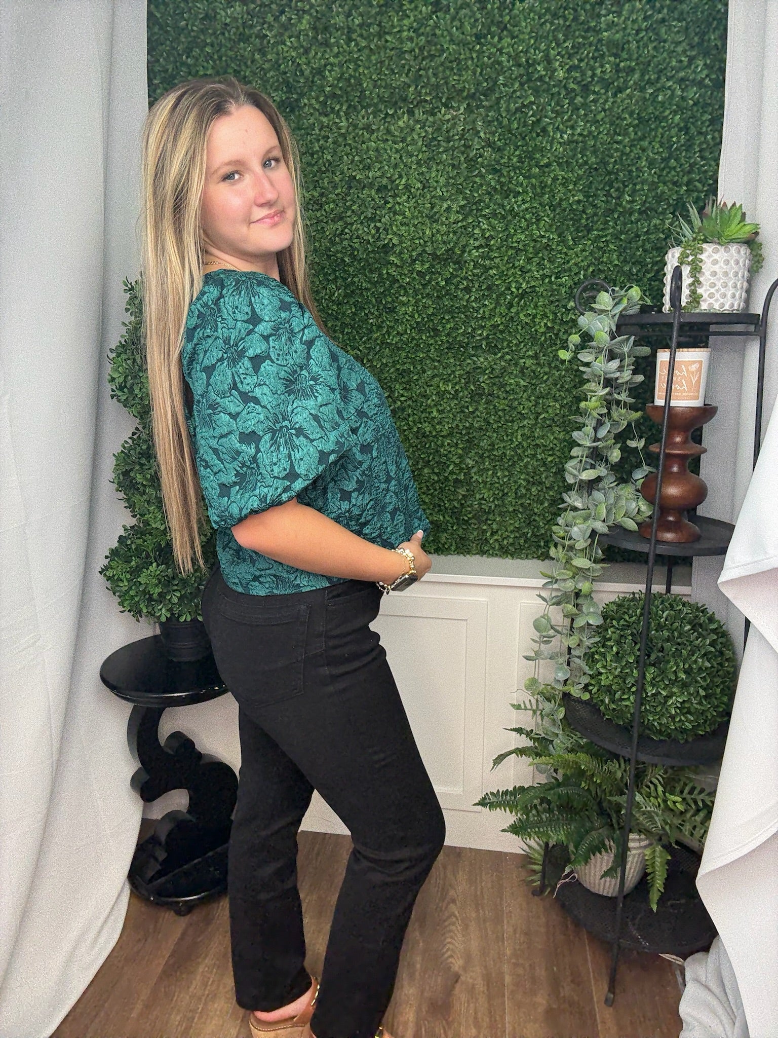 ROUND NECK PUFF SLV BLOUSE - HUNTER GREEN