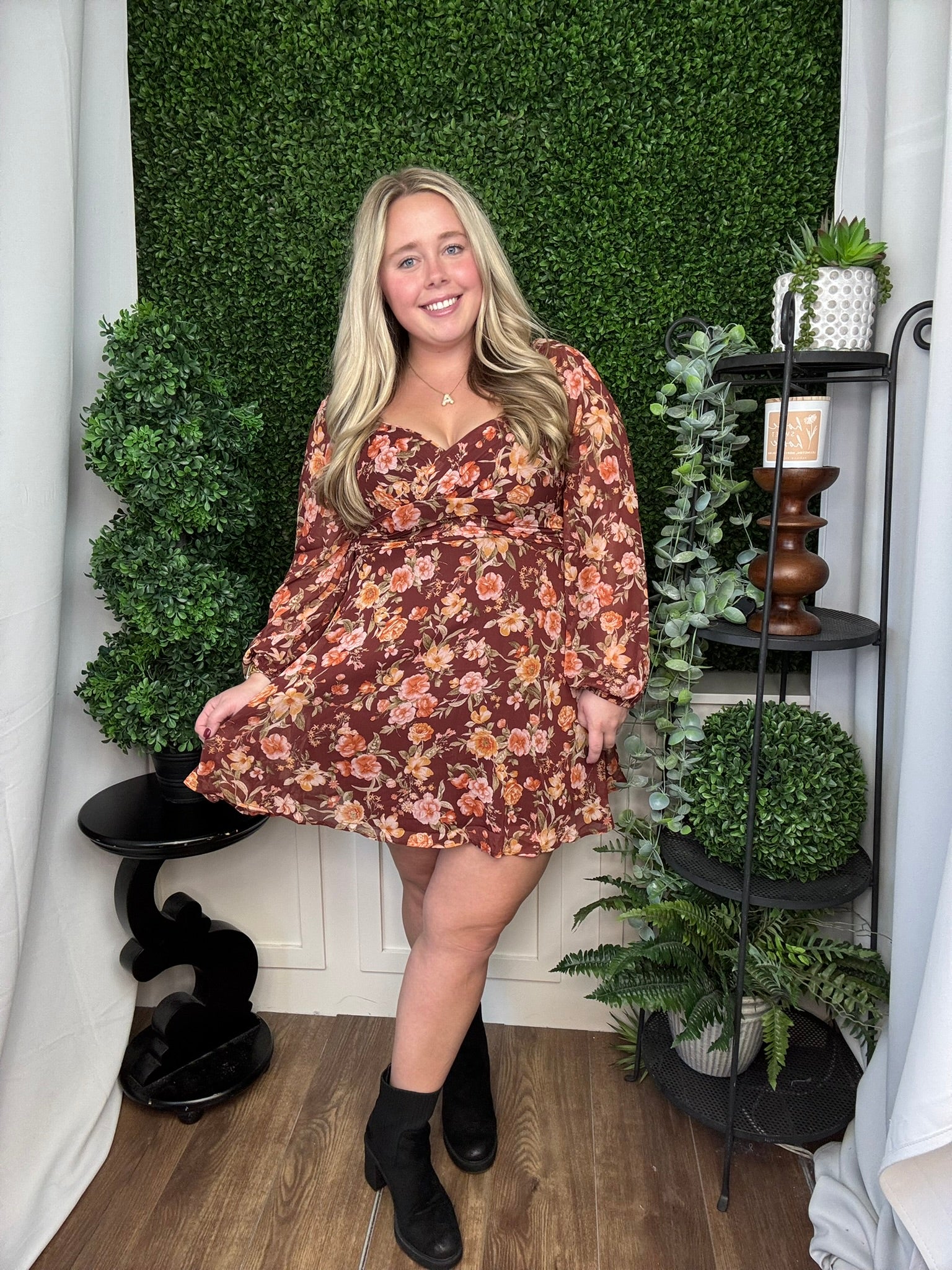 FLORAL PRNT 3/4 SLV MINI DRESS W/ TIE BACK