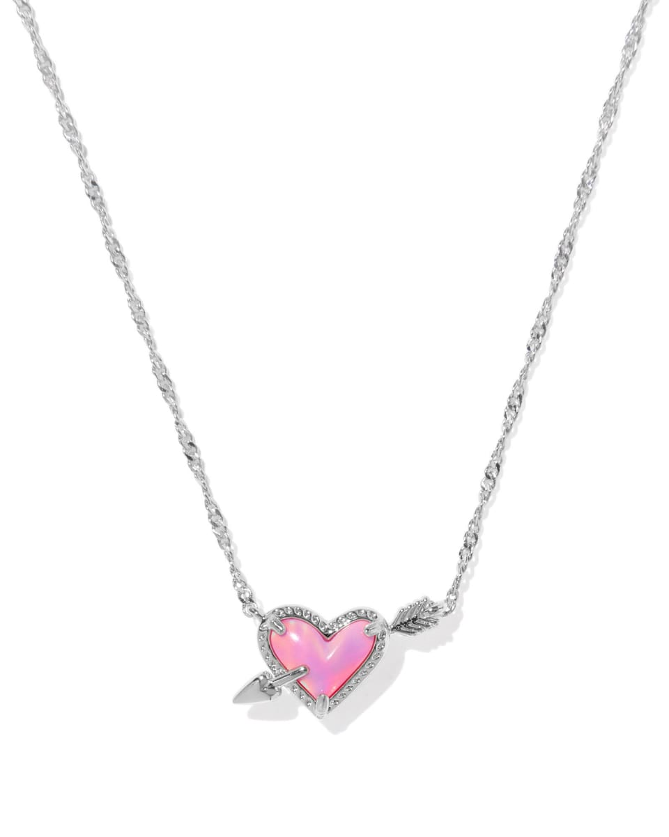 ARI HEART ARROW SHORT PENDANT NECKLACE - SILVER PINK OPAL