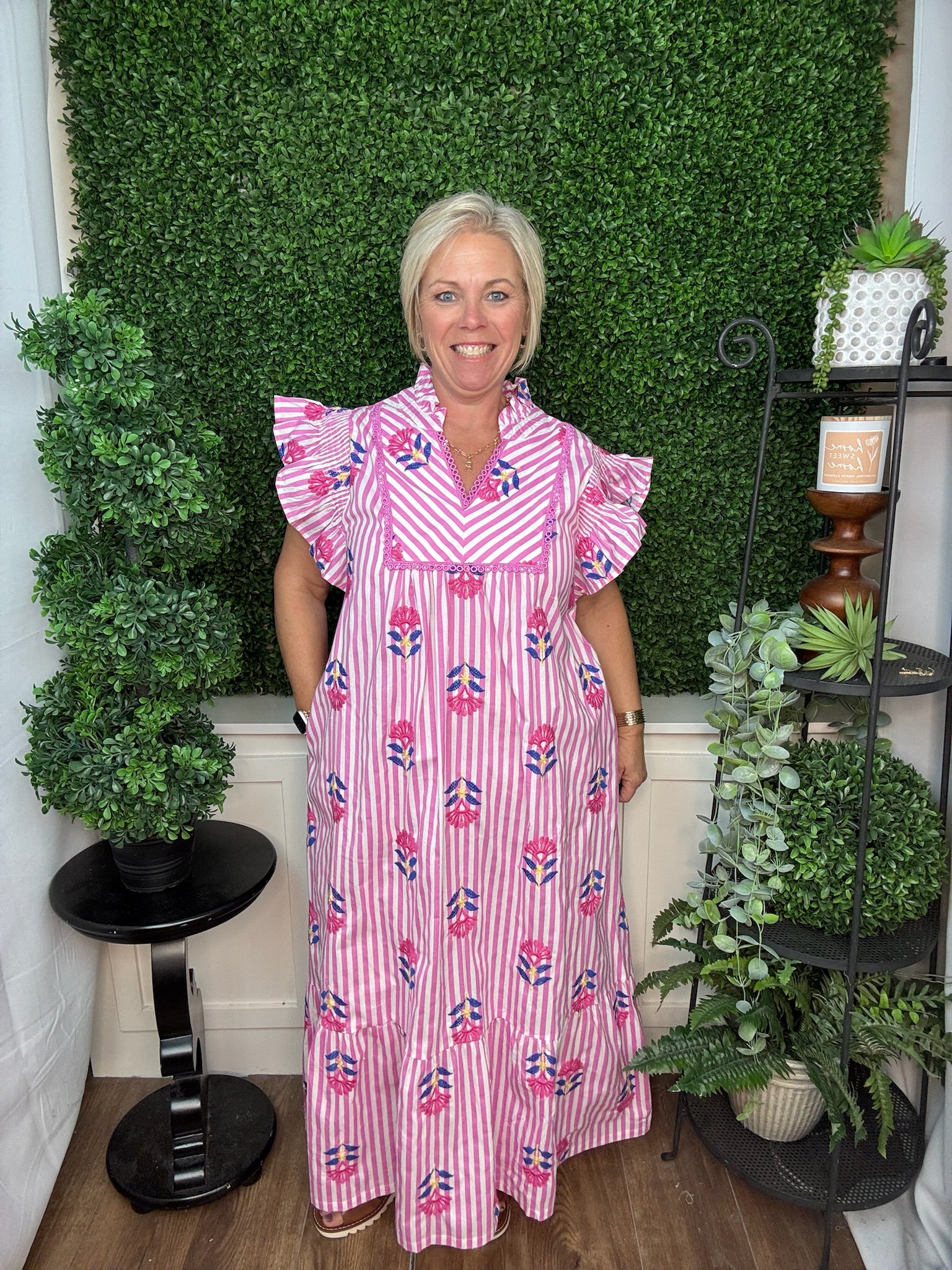 Pink Stripe Embroidered Flutter Sleeve Dress