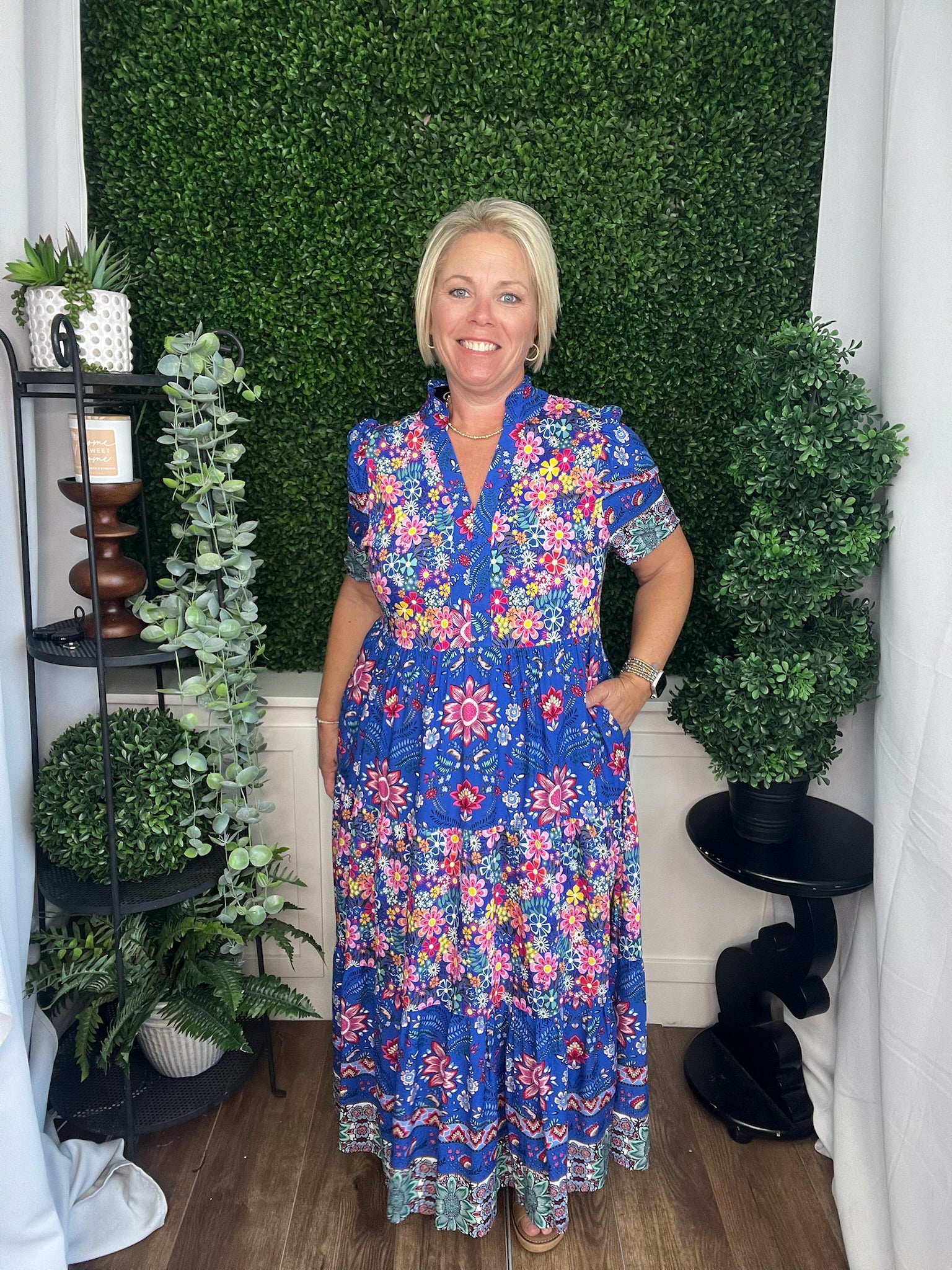 MIXED PRINT TIERED MIDI DRESS - COBALT MIX