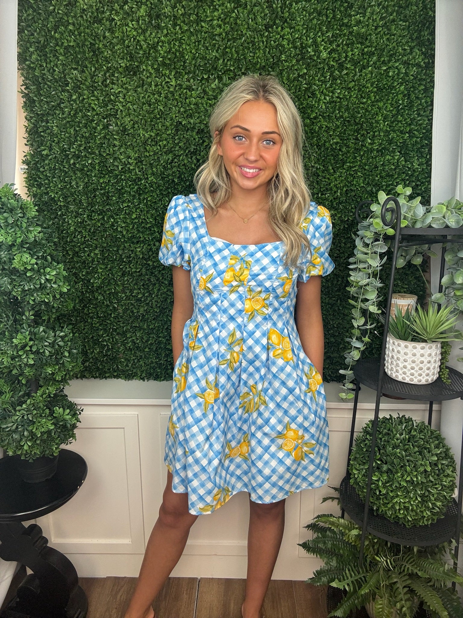 Blue Gingham Lemon Puff Sleeve Dress