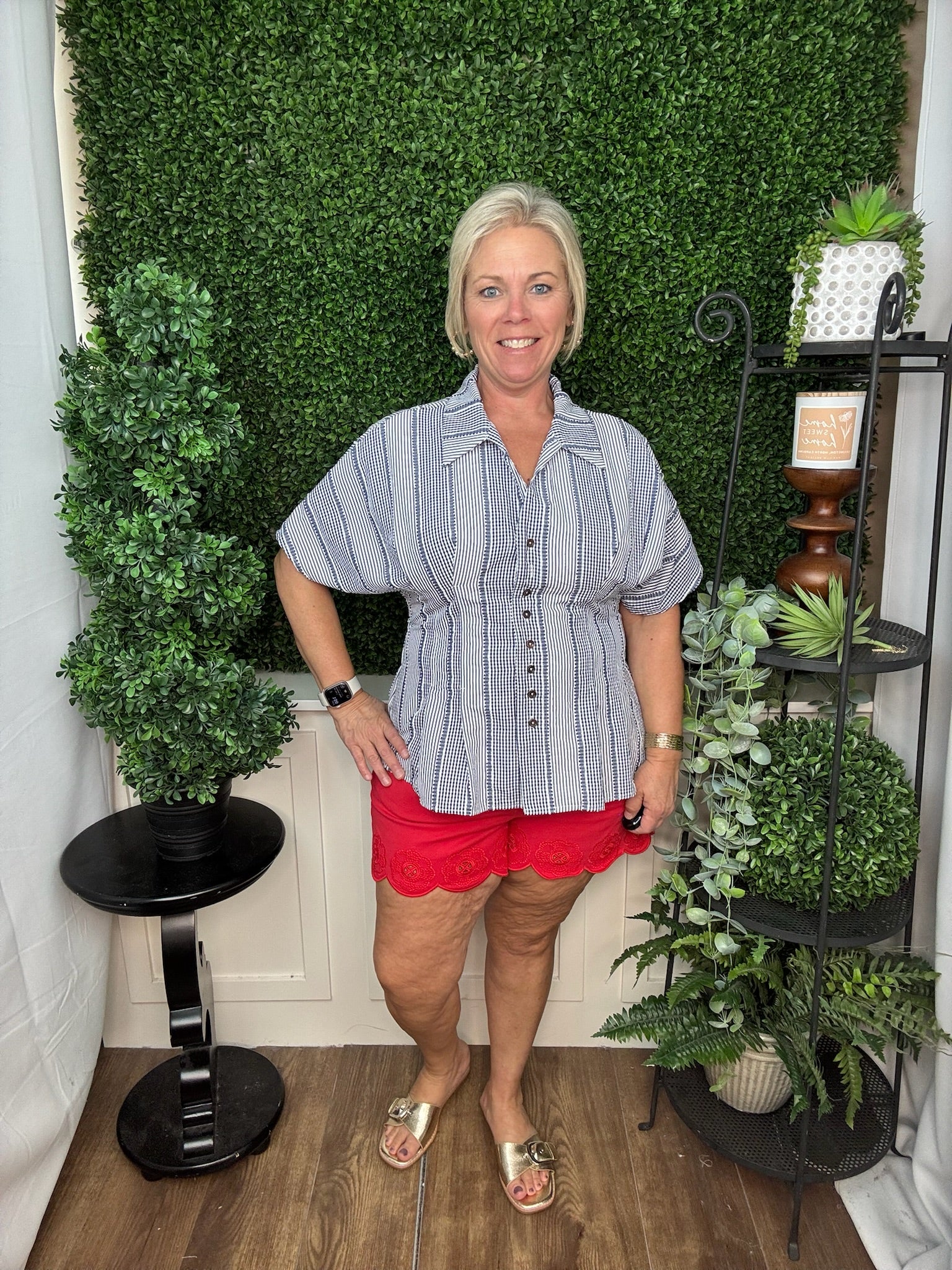 SS STRIPES GINGHAM BUTTON UP TOP - NAVY