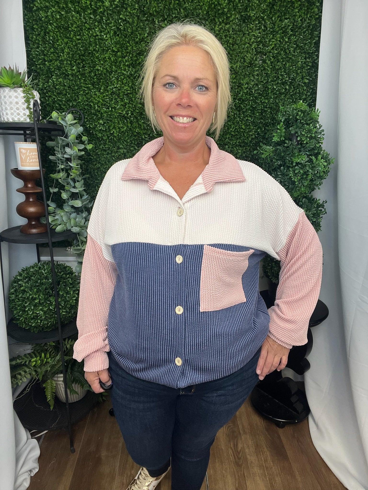 HANSEN COLOR BLOCK SHACKET - OATMEAL/PEACH/NAVY