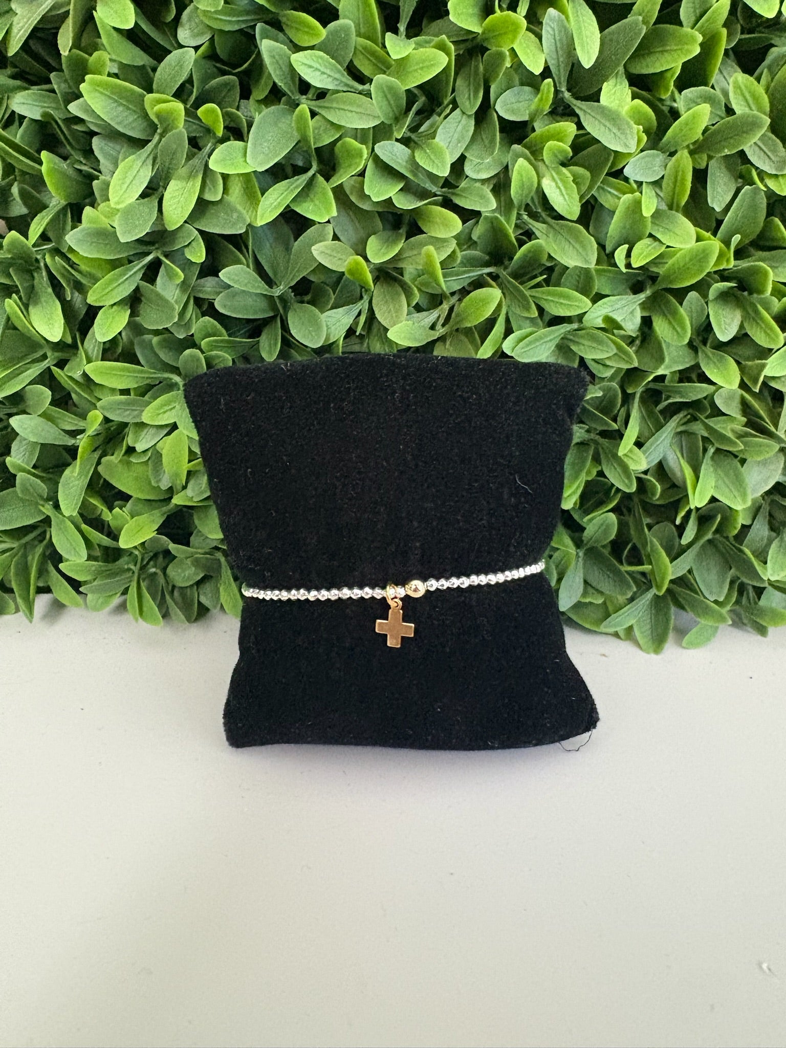 EGIRL BRIGHT SILVER FACETED HEMATITE 2MM BEAD BRACELET - SIGNATURE CROSS GOLD CHARM