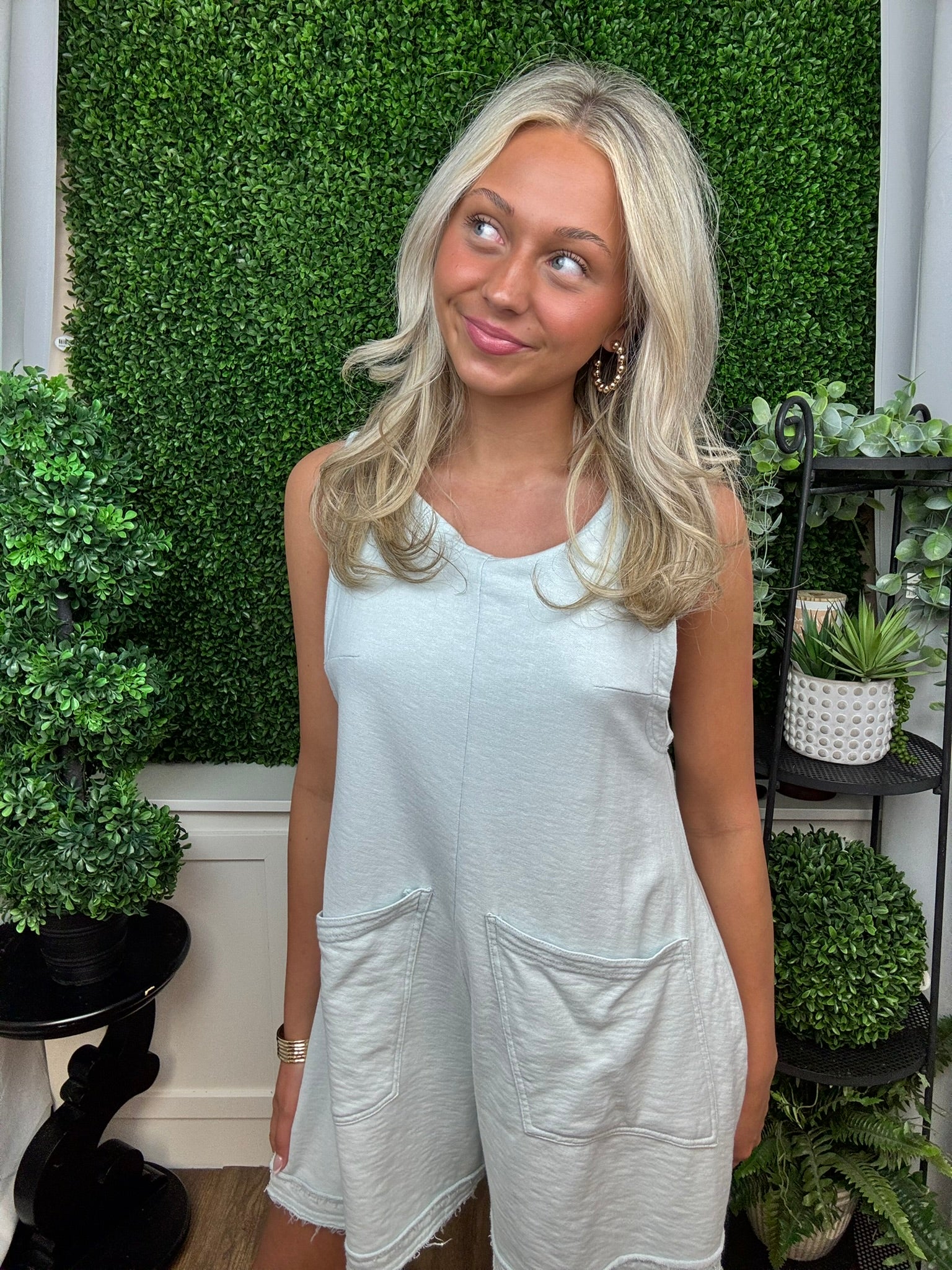 WASHED ROMPER W/POCKETS-MIST