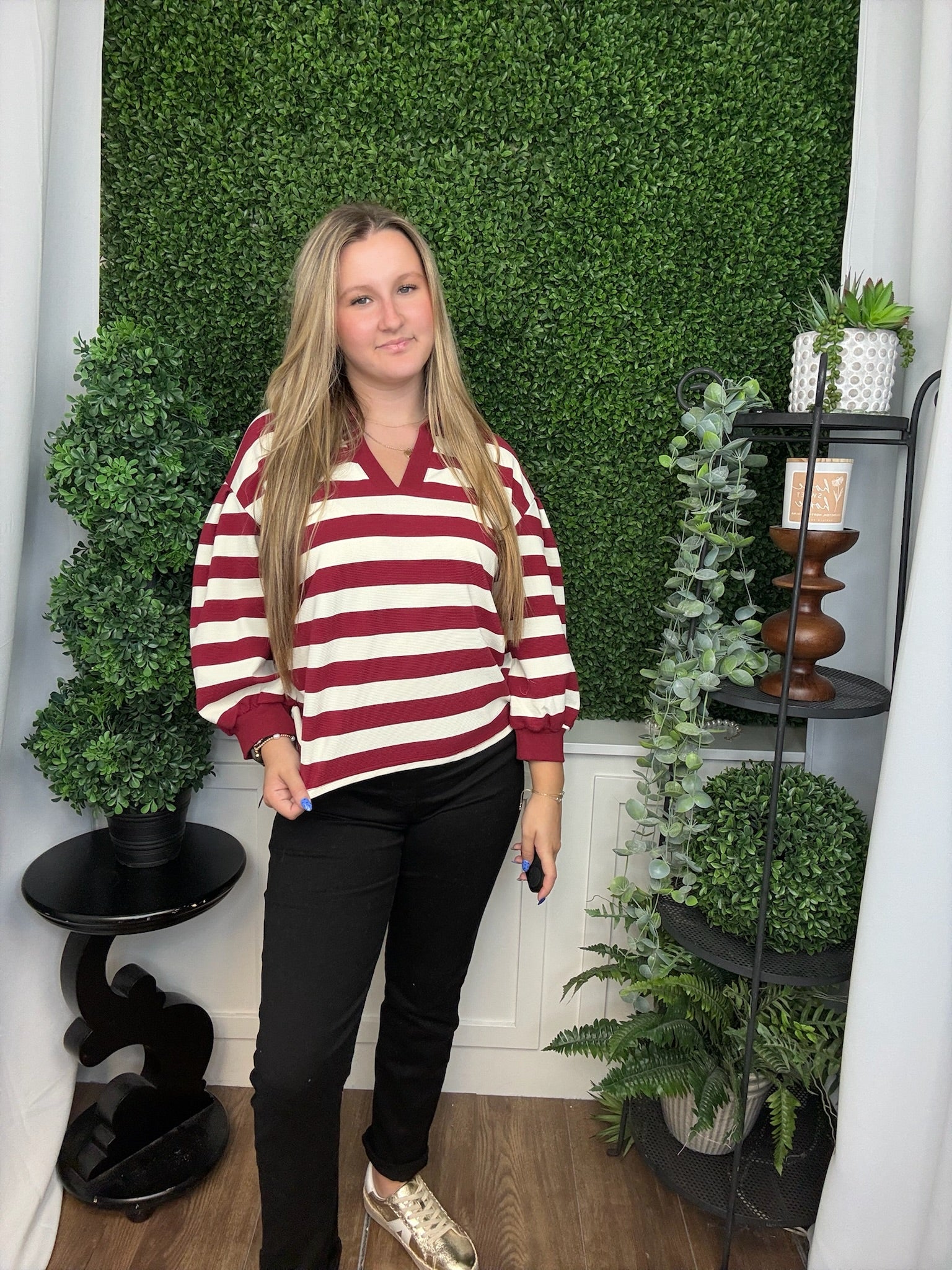 STRIPED OTTOMAN PULLOVER - DARK RED