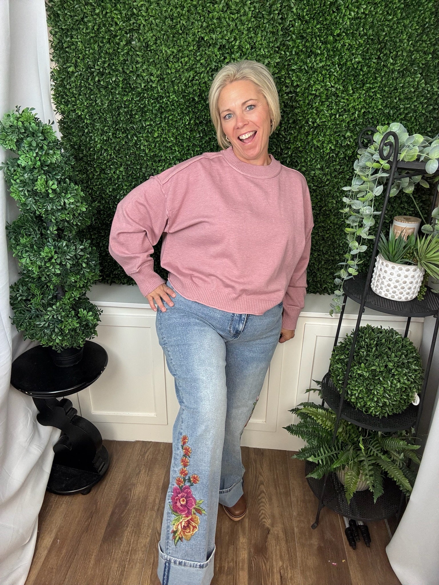 WIDE LEG JEAN WITH EMBROIDERY AND FOLDOVER CUFF - LIGHT INDIGO