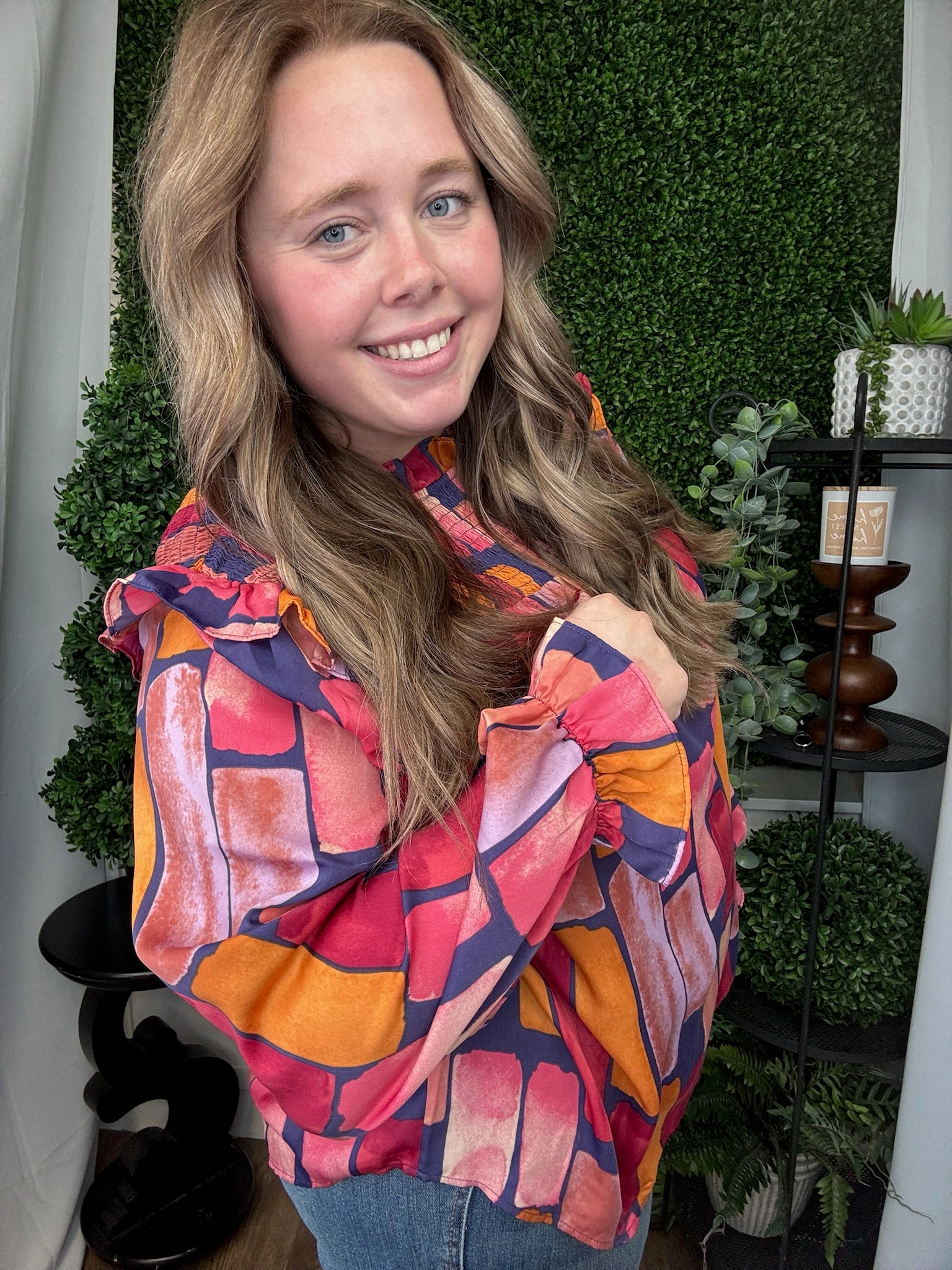 ABSTRACT PRINTED MIRABELLE SATIN BLOUSE - MIDNIGHT BLUE