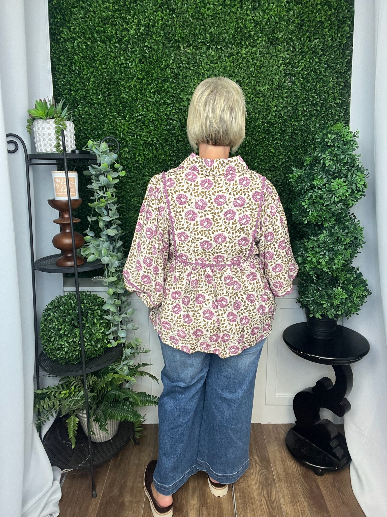 FLORAL PRINT LONG LANTERN SLEEVE TOP - PURPLE