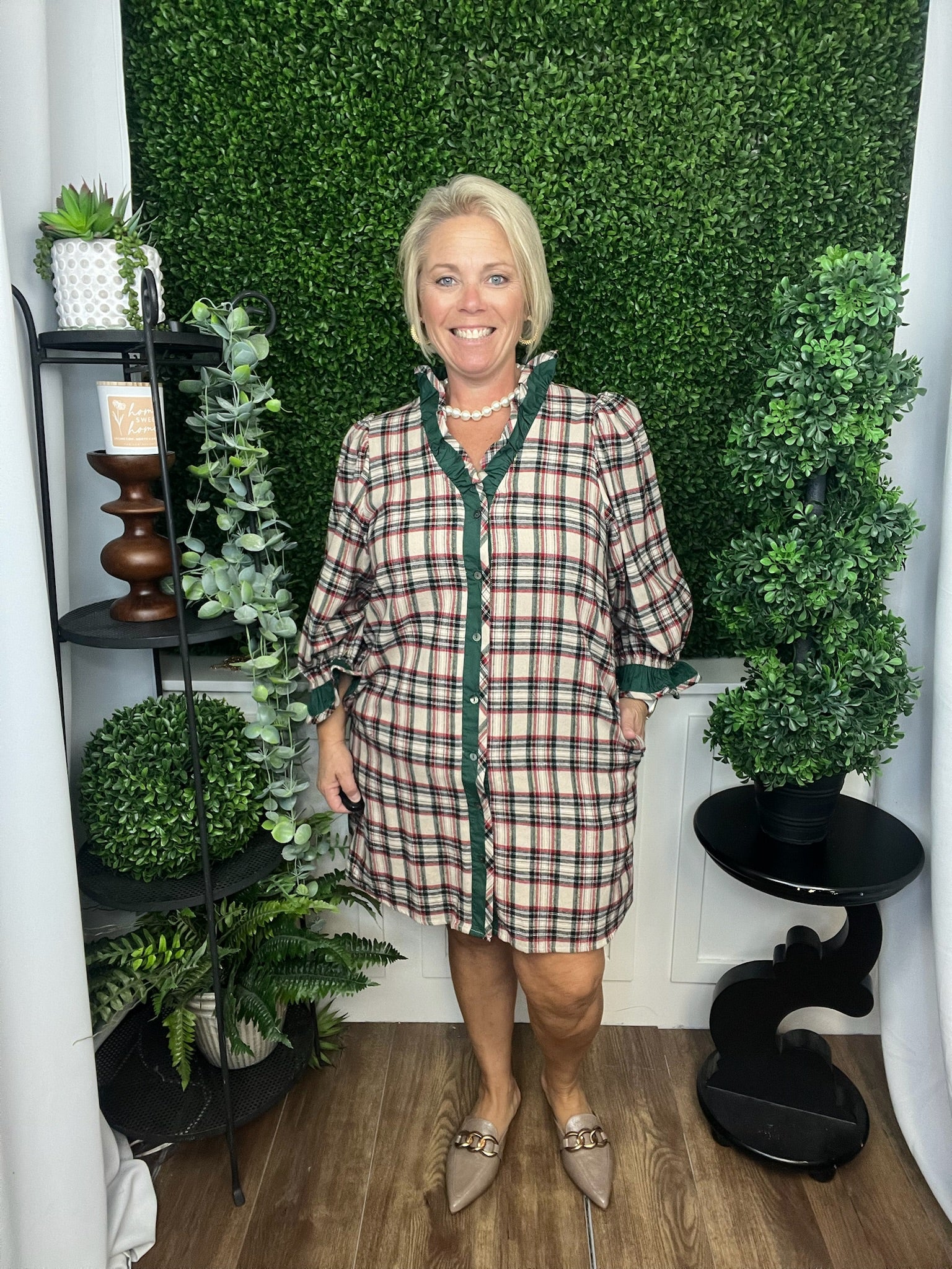 RUFFLE TRIM PLAID MINI DRESS - TAUPE