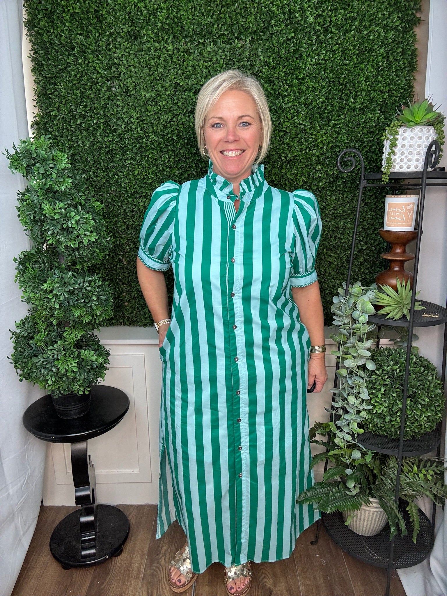 Vertical Stripe Puff Sleeve Midi Dress - Green