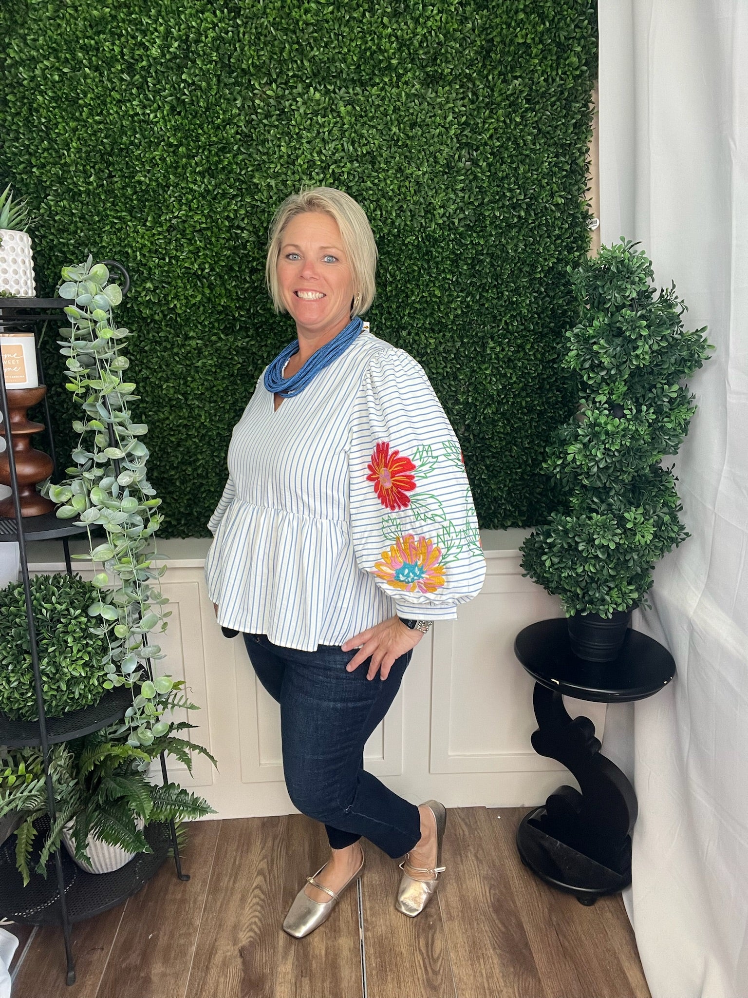 EMBROIDERED STRIPE BABYDOLL TOP