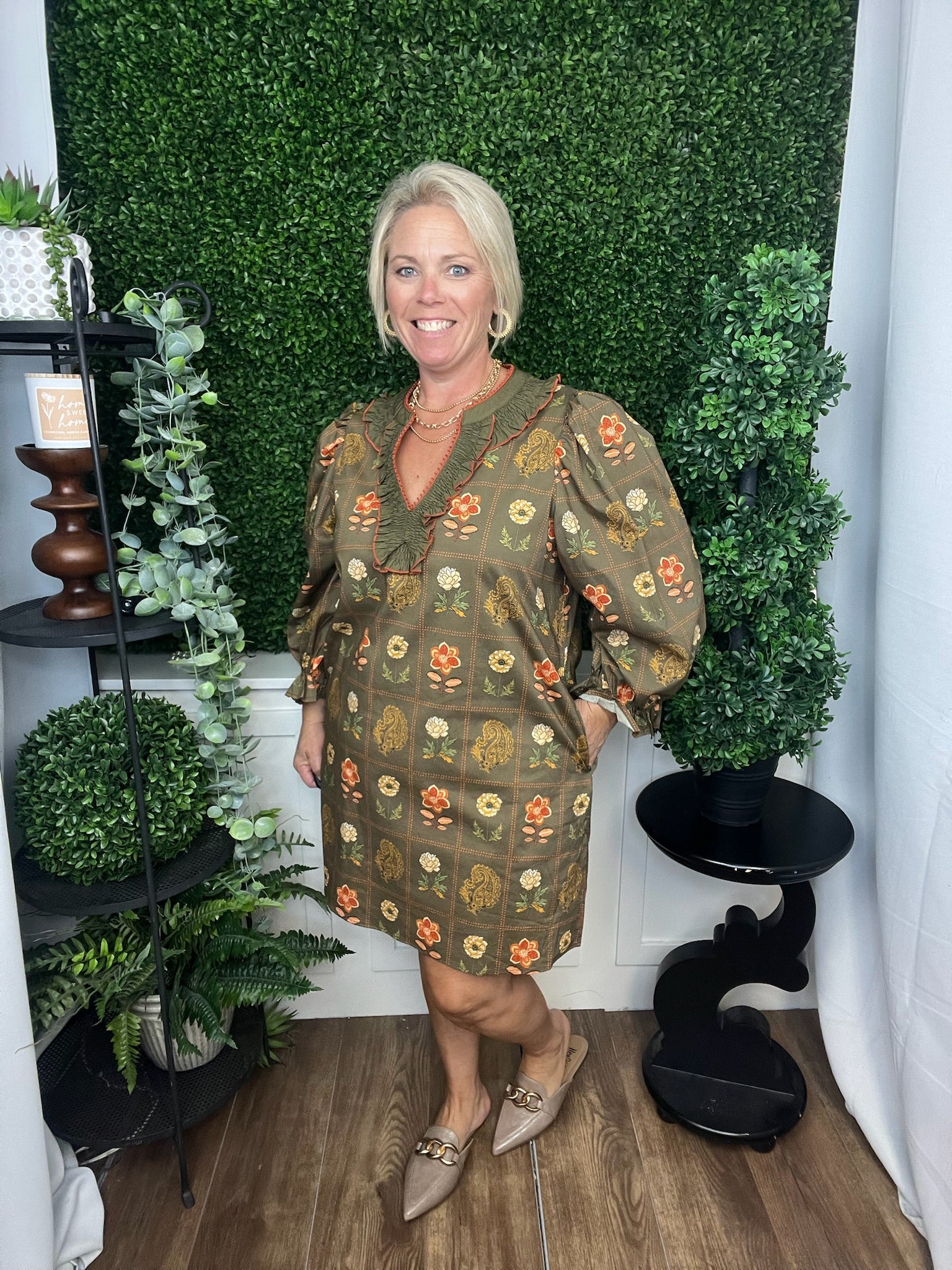 FLORAL PRINT 3/4 PUFF SLEEVE MINI DRESS - OLIVE