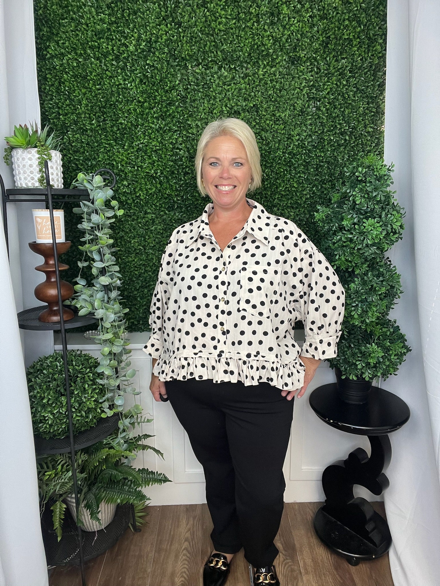 POLKA DOT PRINTED PEPLUM TOP - OFF WHITE/BLACK