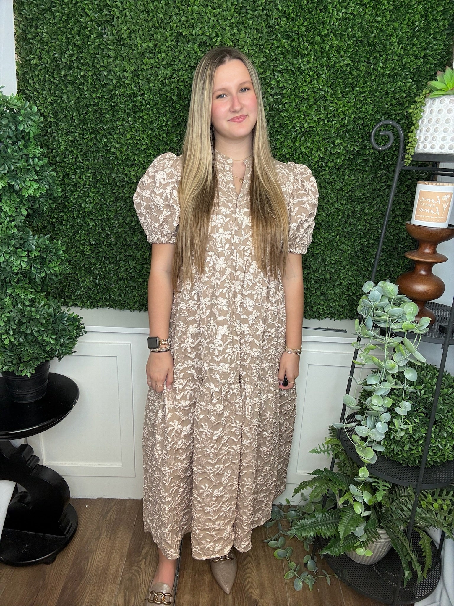 PUFF SLV MIDI DRESS - CHAMPAGNE