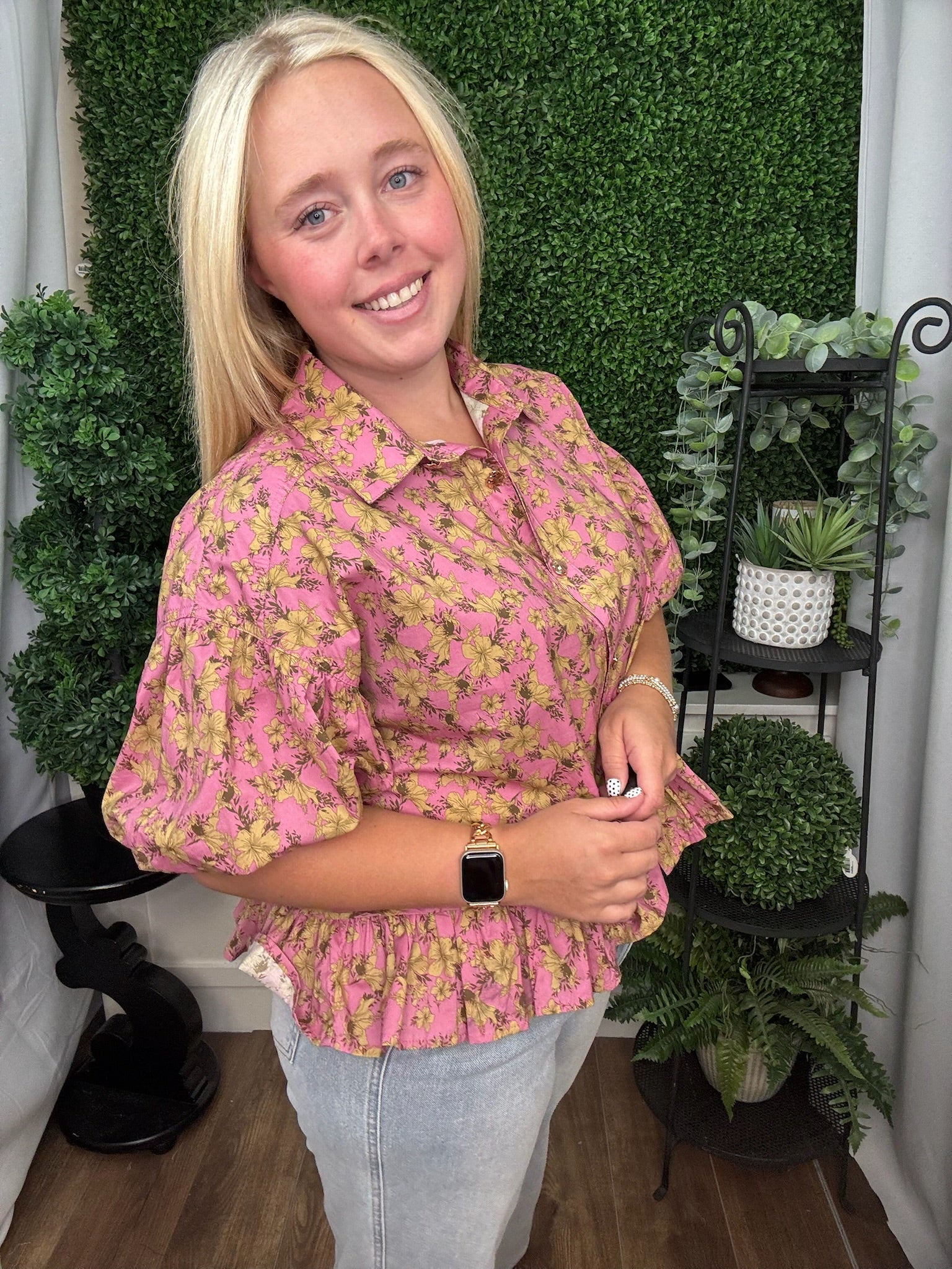 FLORAL PEPLUM BLOUSE - BLACK/DUSTY PINK
