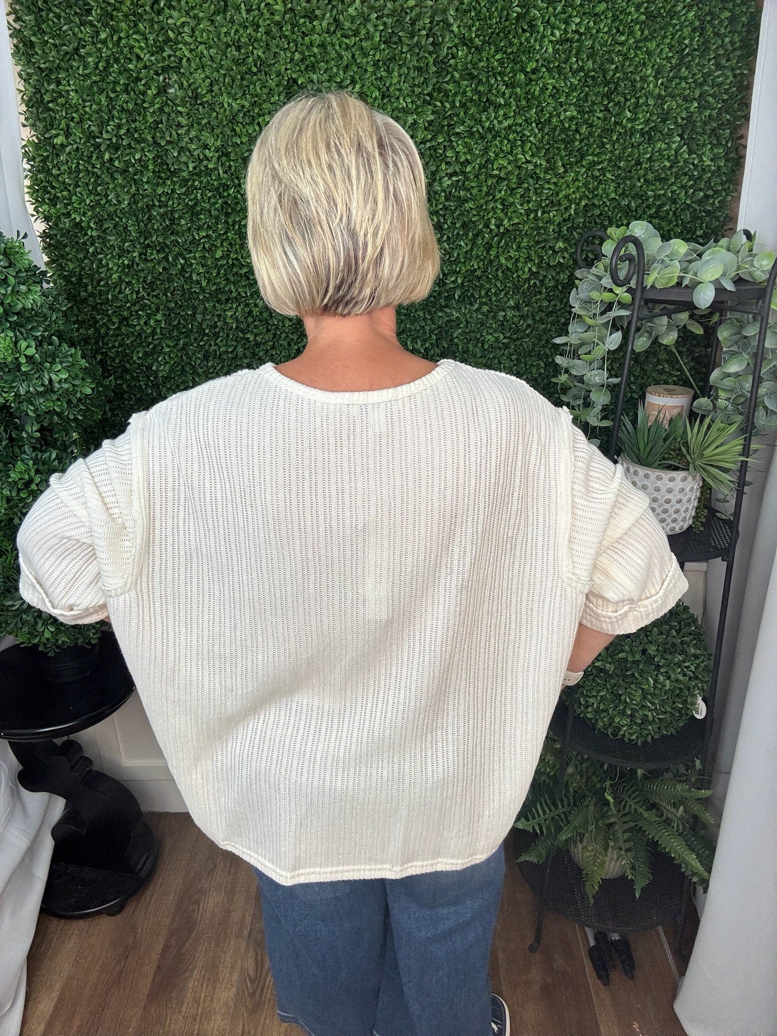 3/4 FOLDED SLEEVE KNIT TOP - OFF WHITE/ R. BLUE
