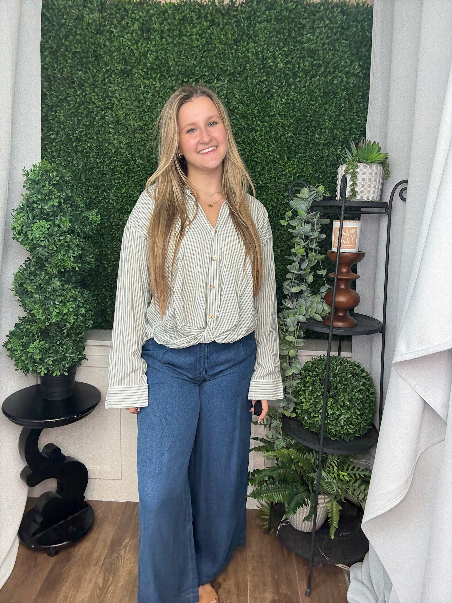 STRIPE TWISTED BUTTON-UP BLOUSE - GREEN/WHITE