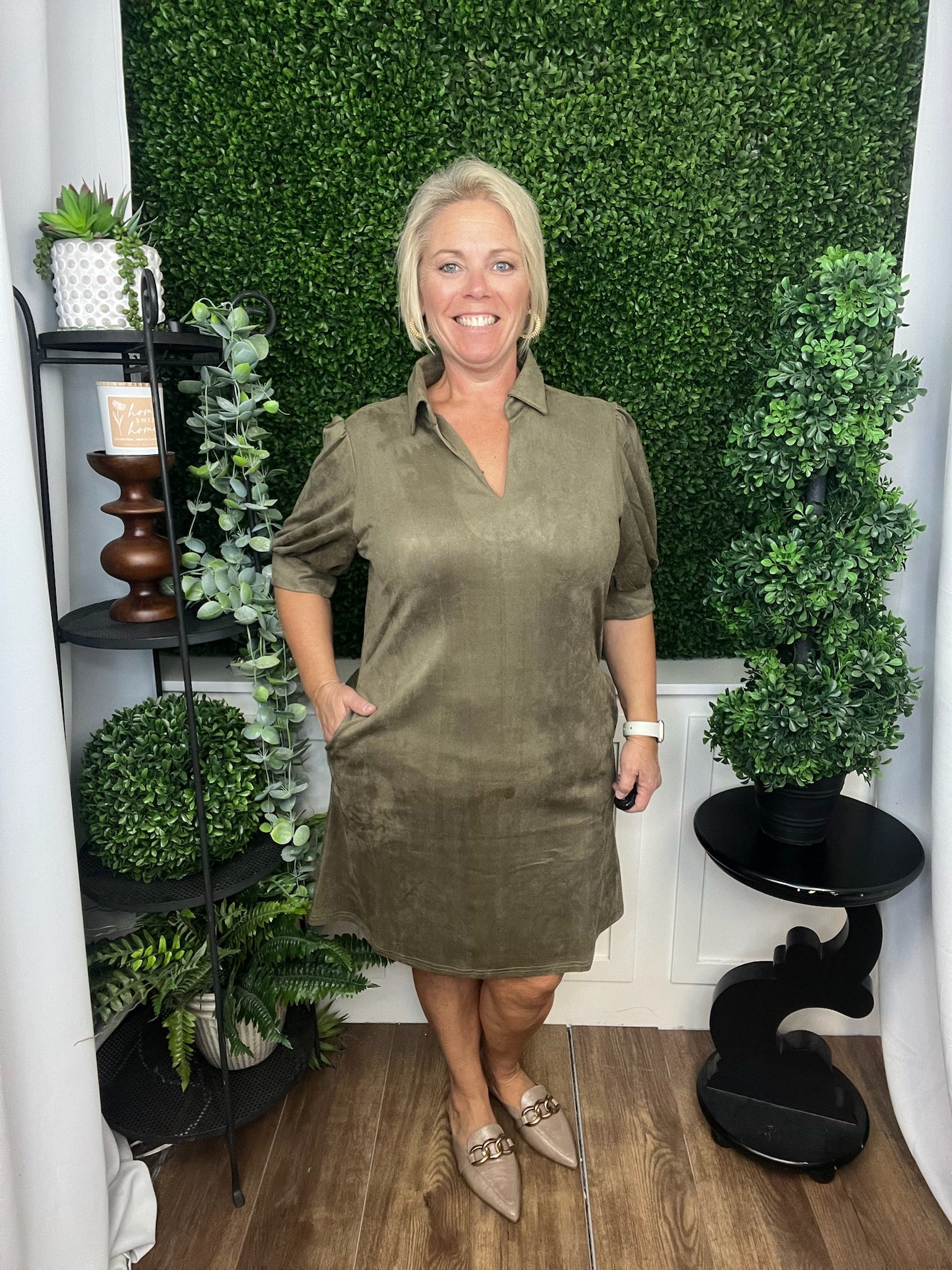 BUBBLE SLEEVE PLAID DRESS - OLIVE