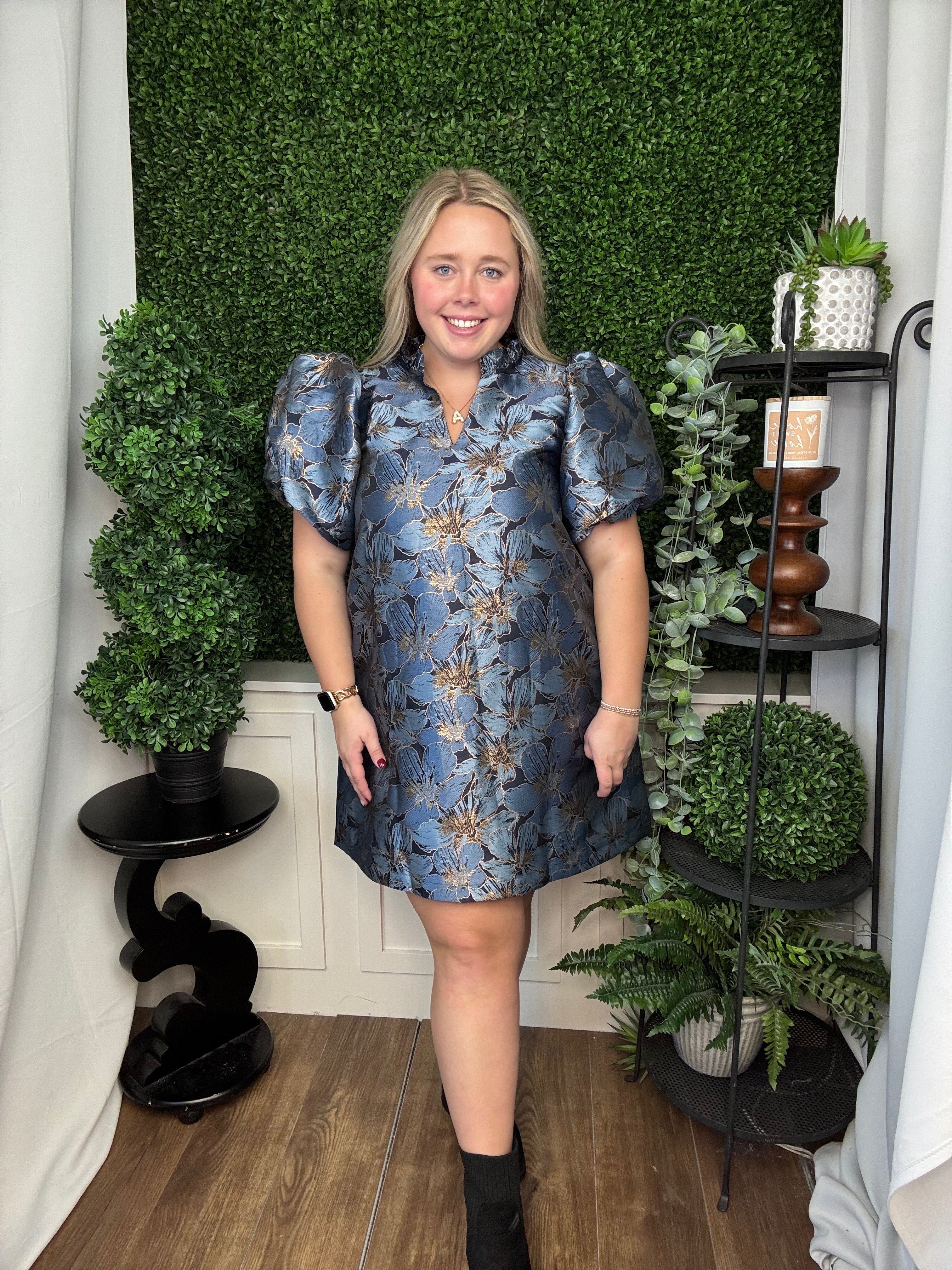 RUFFLE V-NECK PUFF SLV MINI DRESS - BLUE