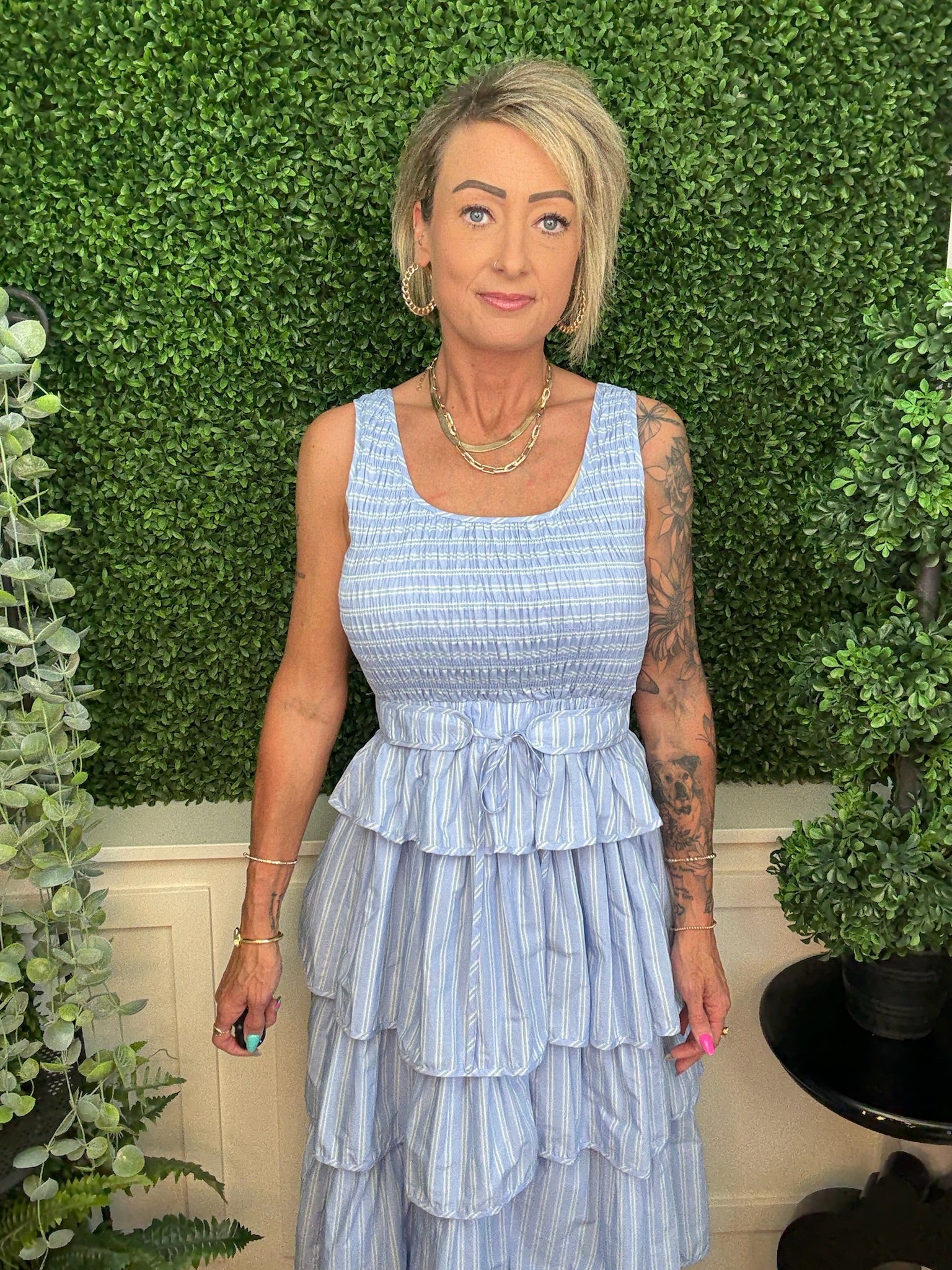 STRIPED TIERED RUFFLE MIDI DRESS - LT BLUE MULTI STRIPE