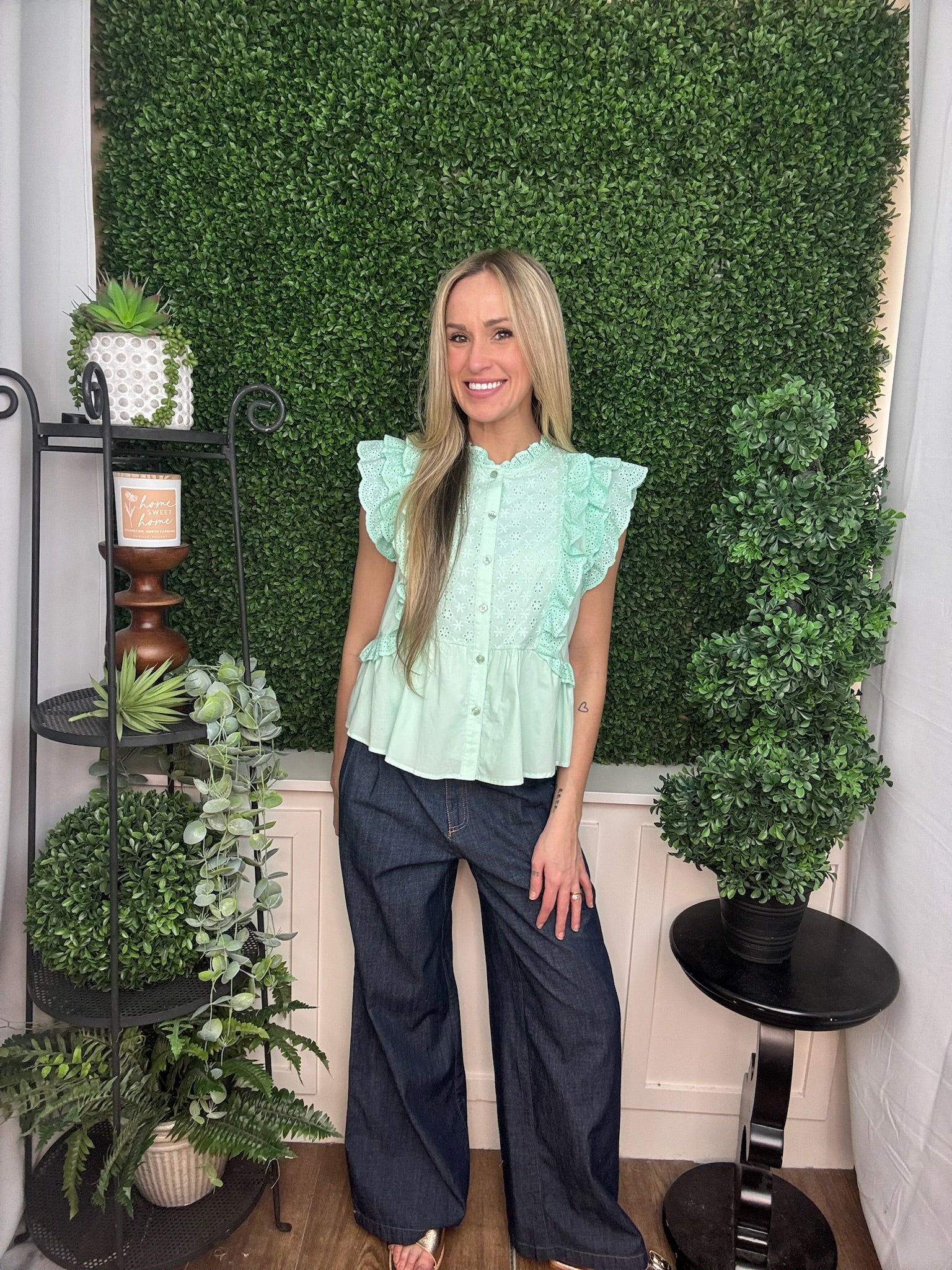 Mint Eyelet Ruffle Sleeve Blouse