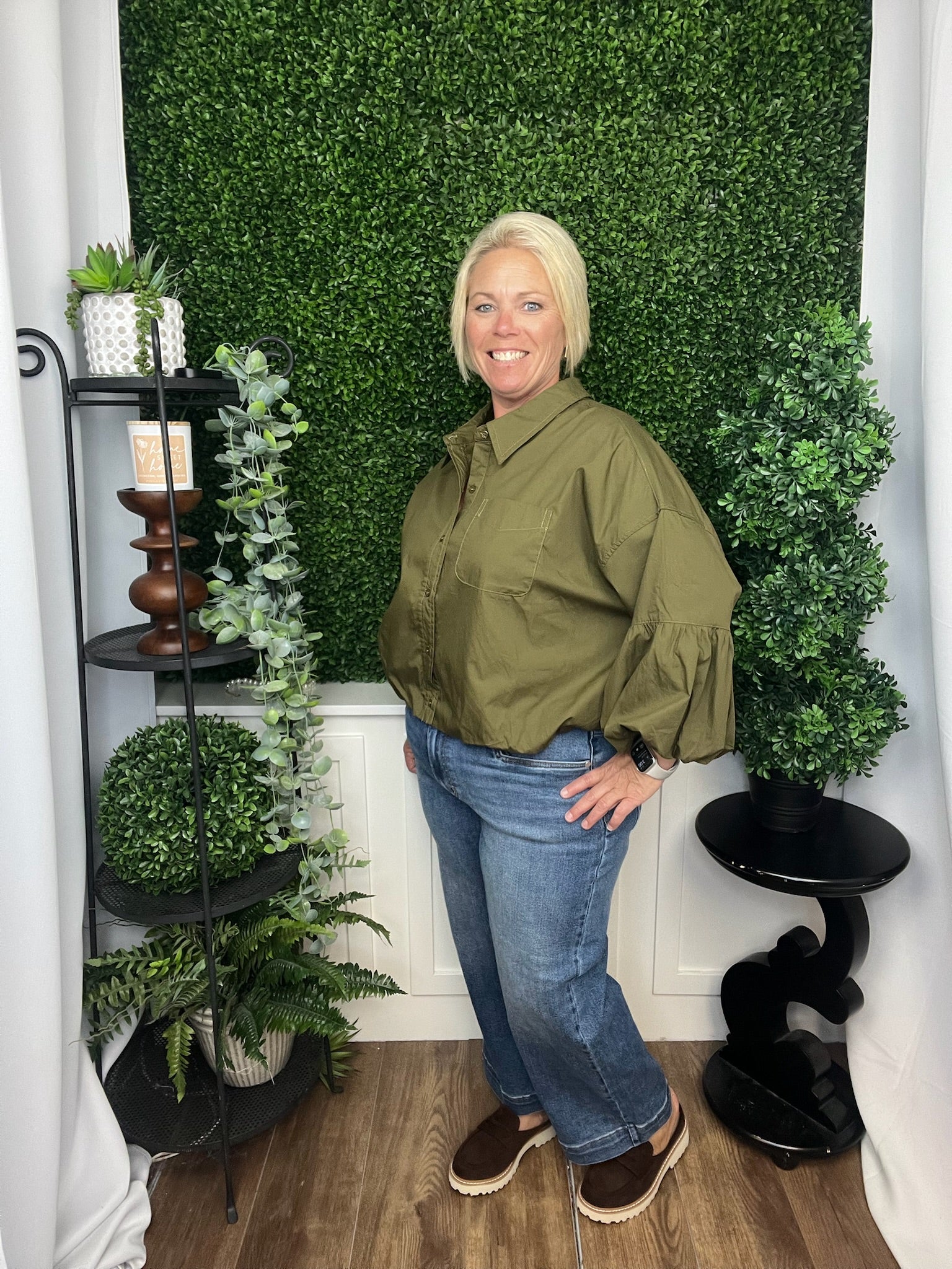 BUTTON DOWN BUBBLE SLV TOP - ASH OLIVE