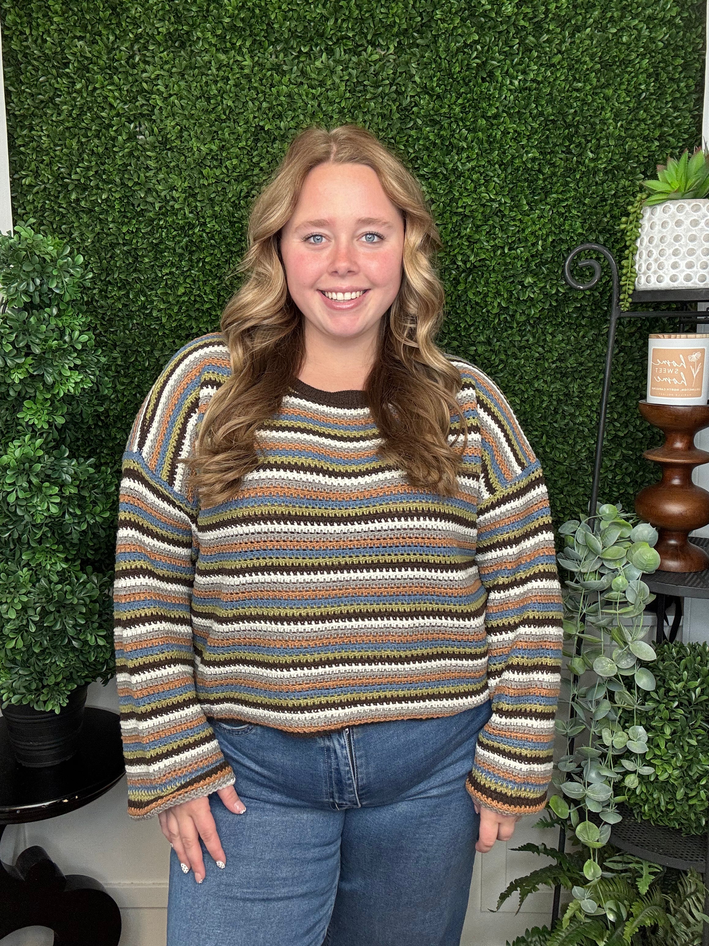 MULTI COLOR STRIPE LONG SLEEVE PULLOVER SWEATER - BROWN MULTI