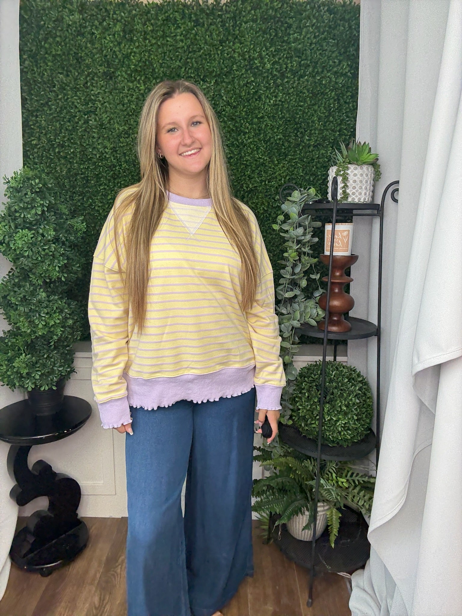 STRIPE TERRY TOP W/ LETTUCE RIB - YELLOW/LT PURPLE