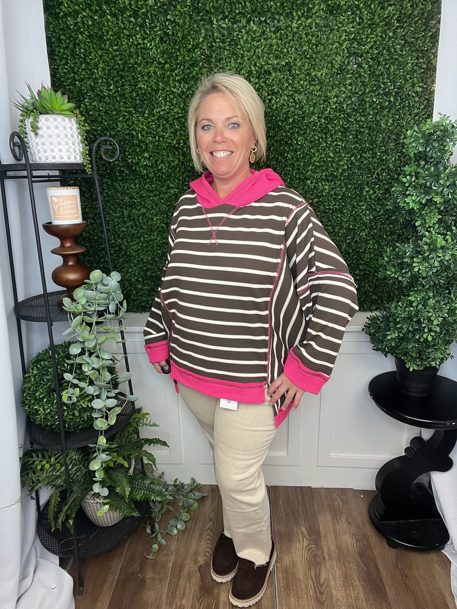 THERMAL STRIPE COLORBLOCK HOODIE - BROWN