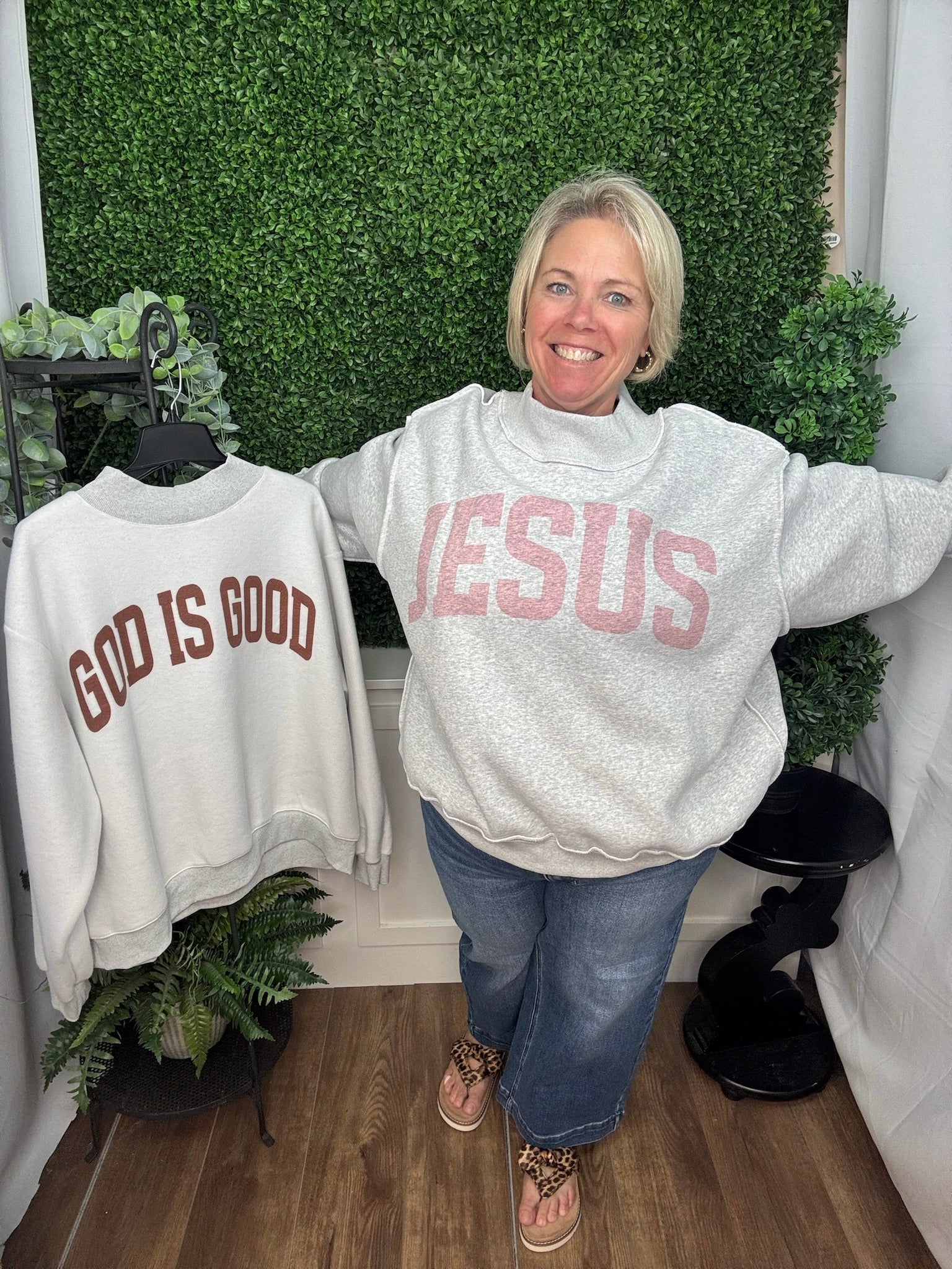 Jesus & God Reversible Mock Neck Sweatshirt - Heather Grey/Pink