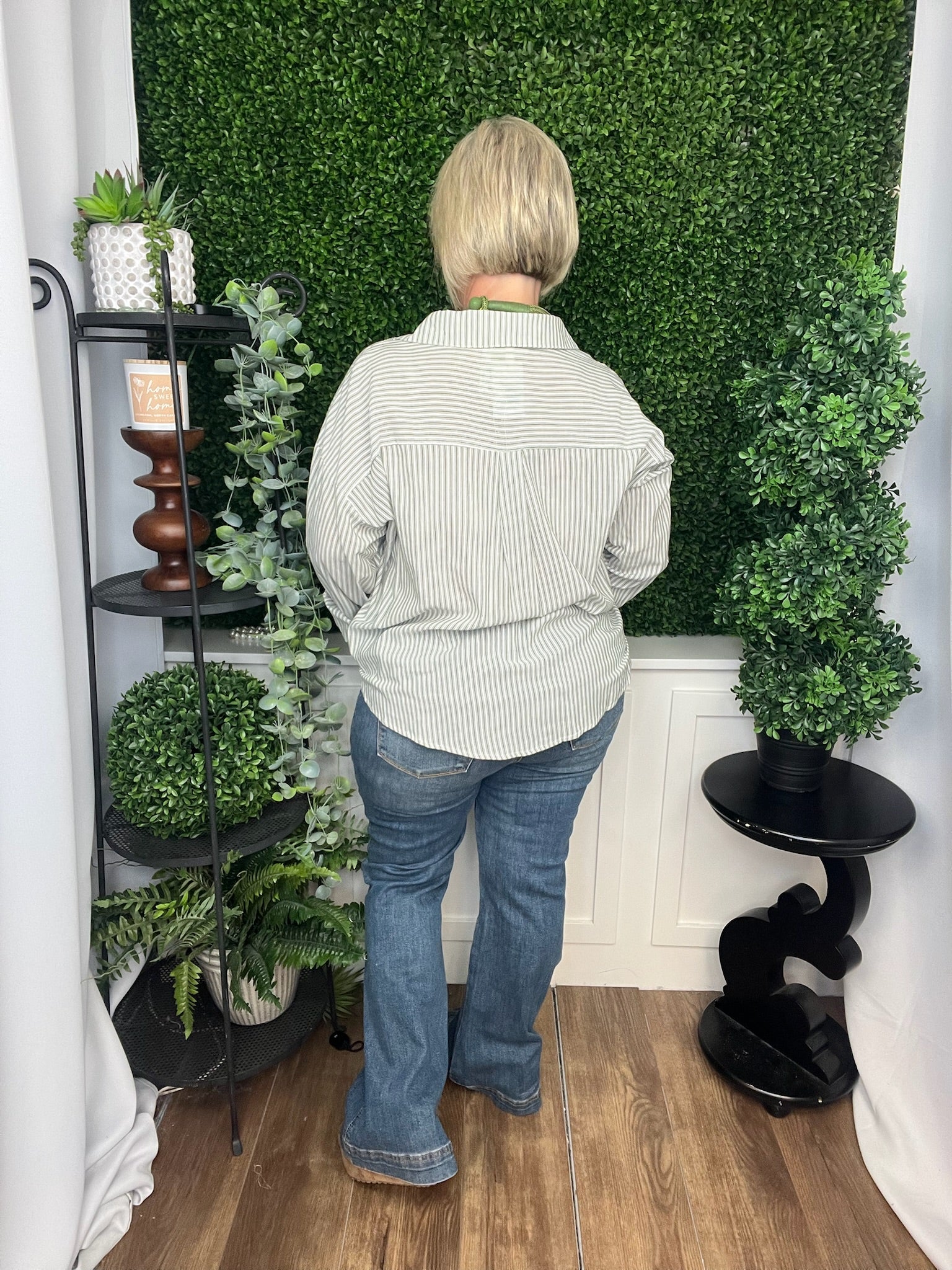 STRIPE TWISTED BUTTON-UP BLOUSE - GREEN/WHITE