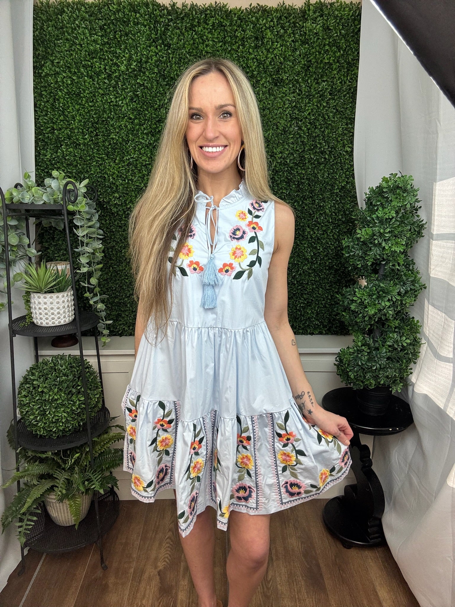 Embroidered Floral Tassel Tiered Dress