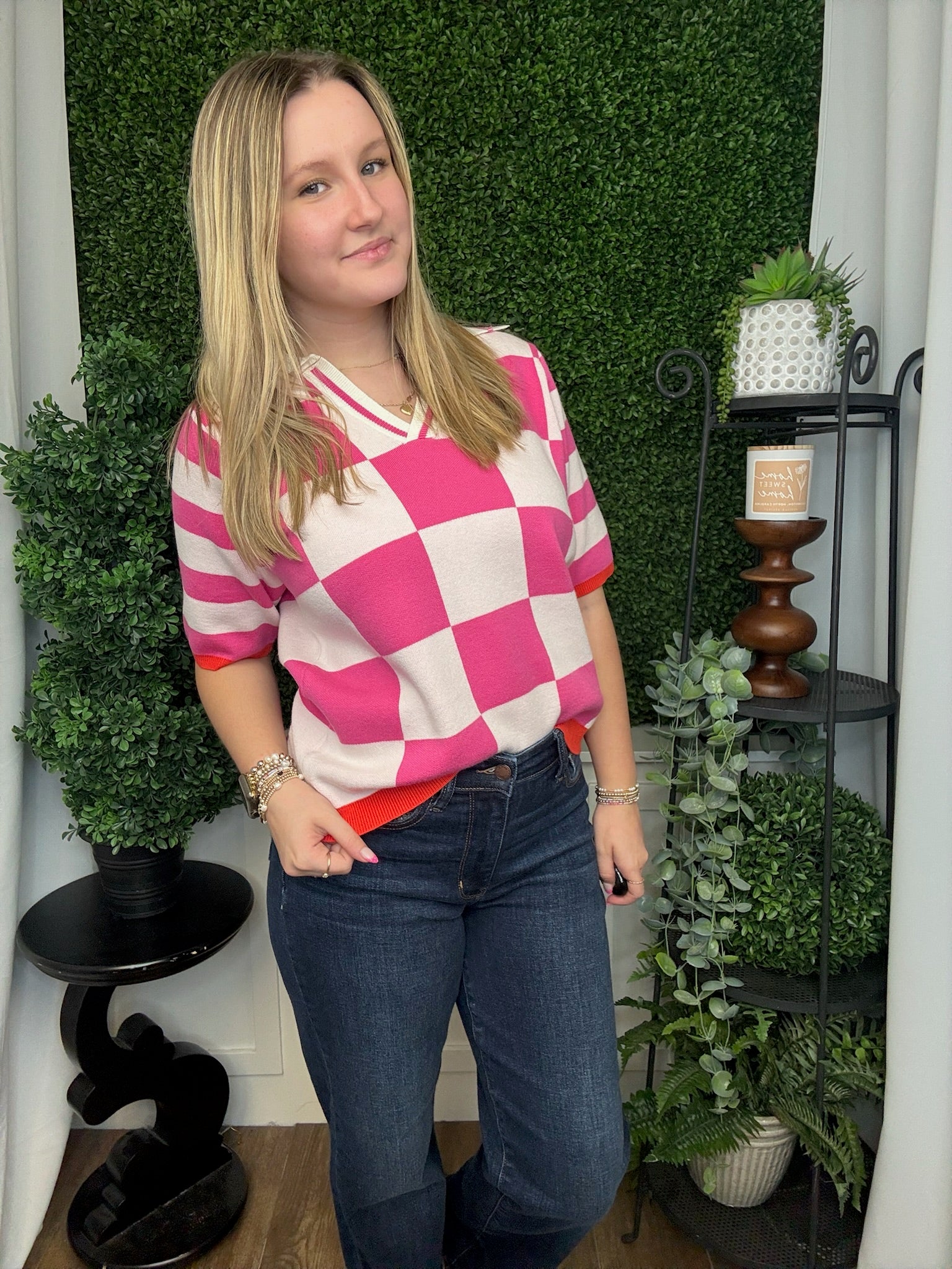 CHECK PATTERN CASUAL SWEATER TOP - HOT PINK