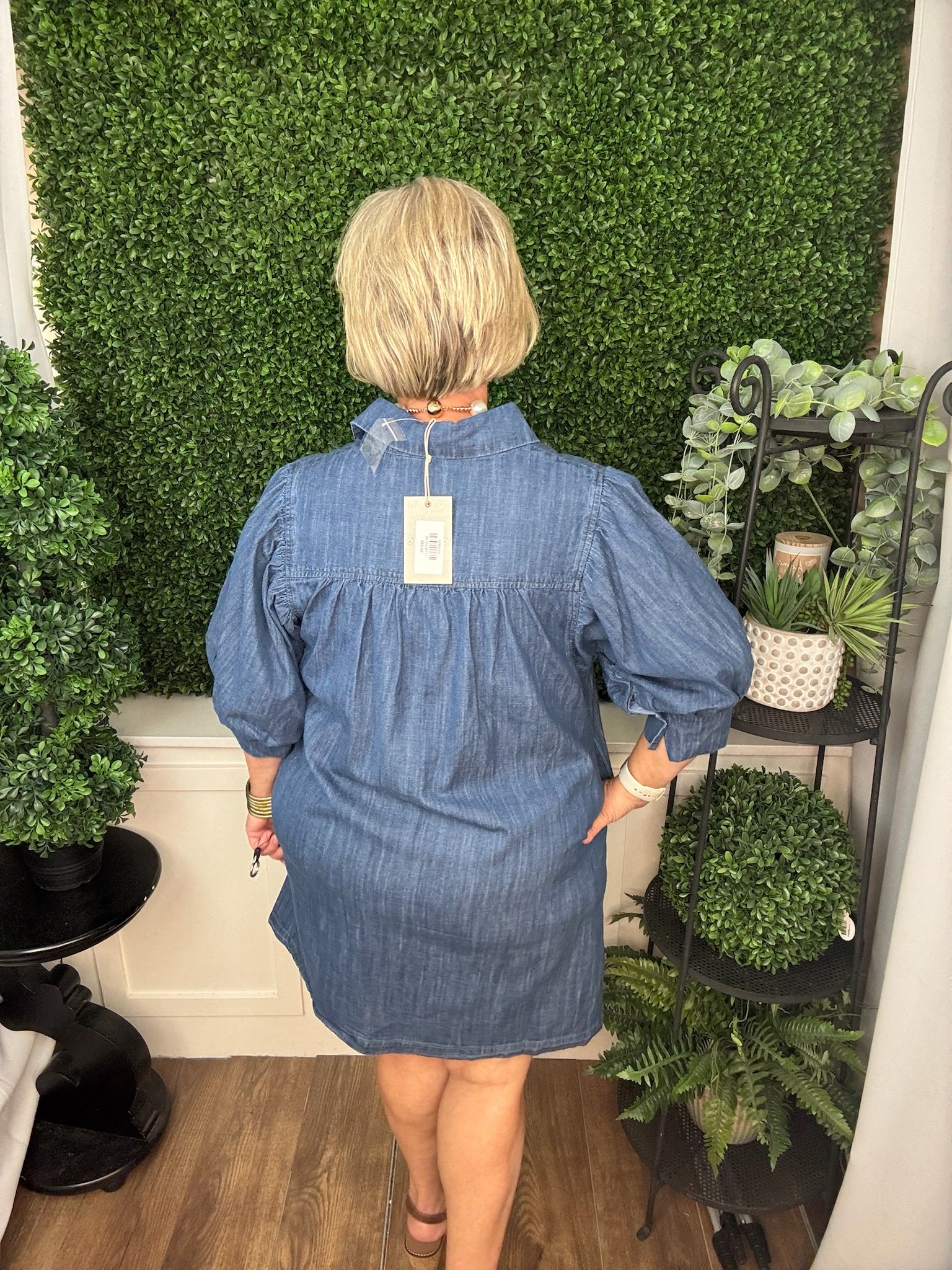 BUTTON DOWN PUFF SLEEVE MINI DRESS - DENIM