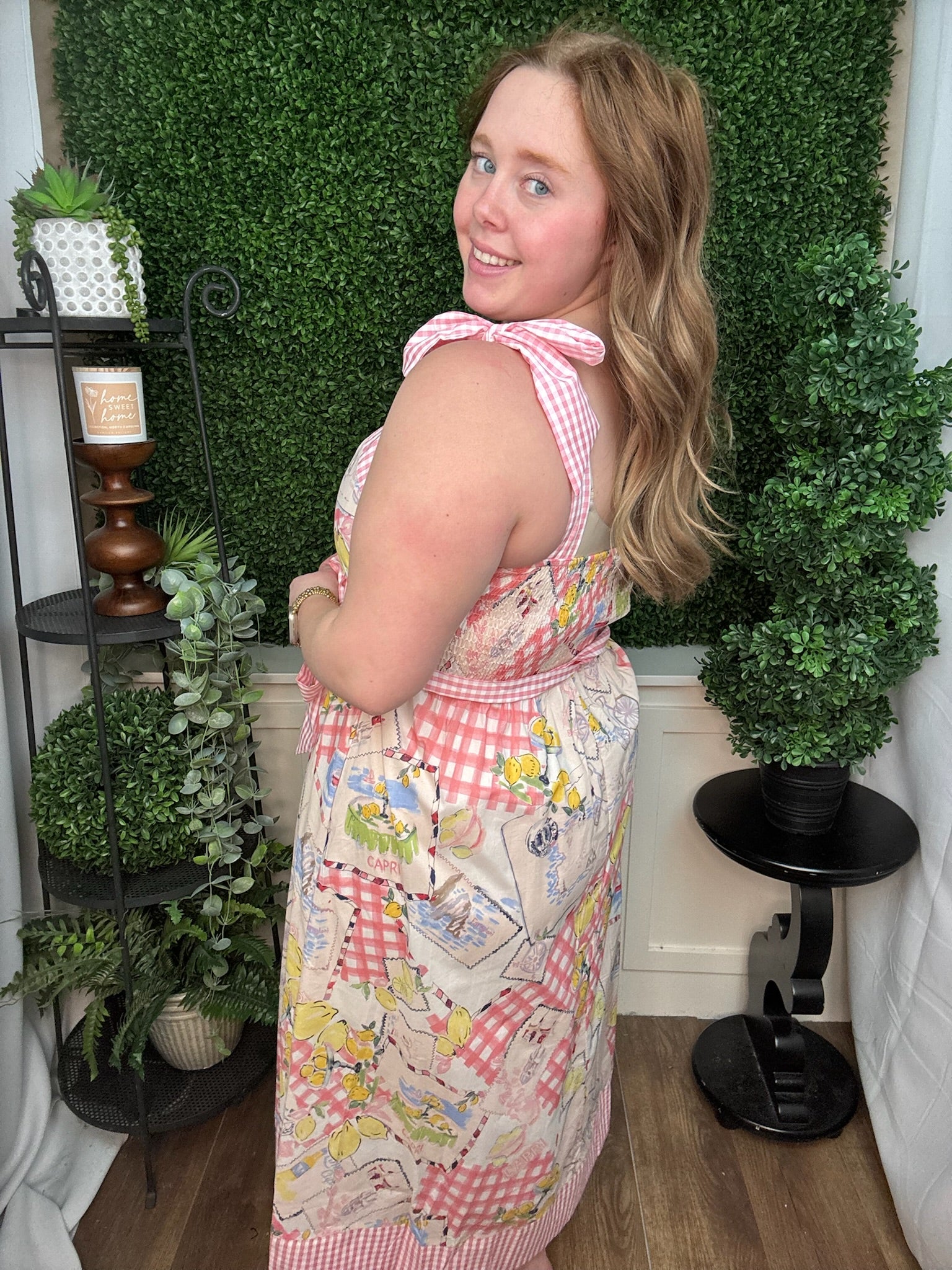 Gingham Tie Strap Printed Midi Dress