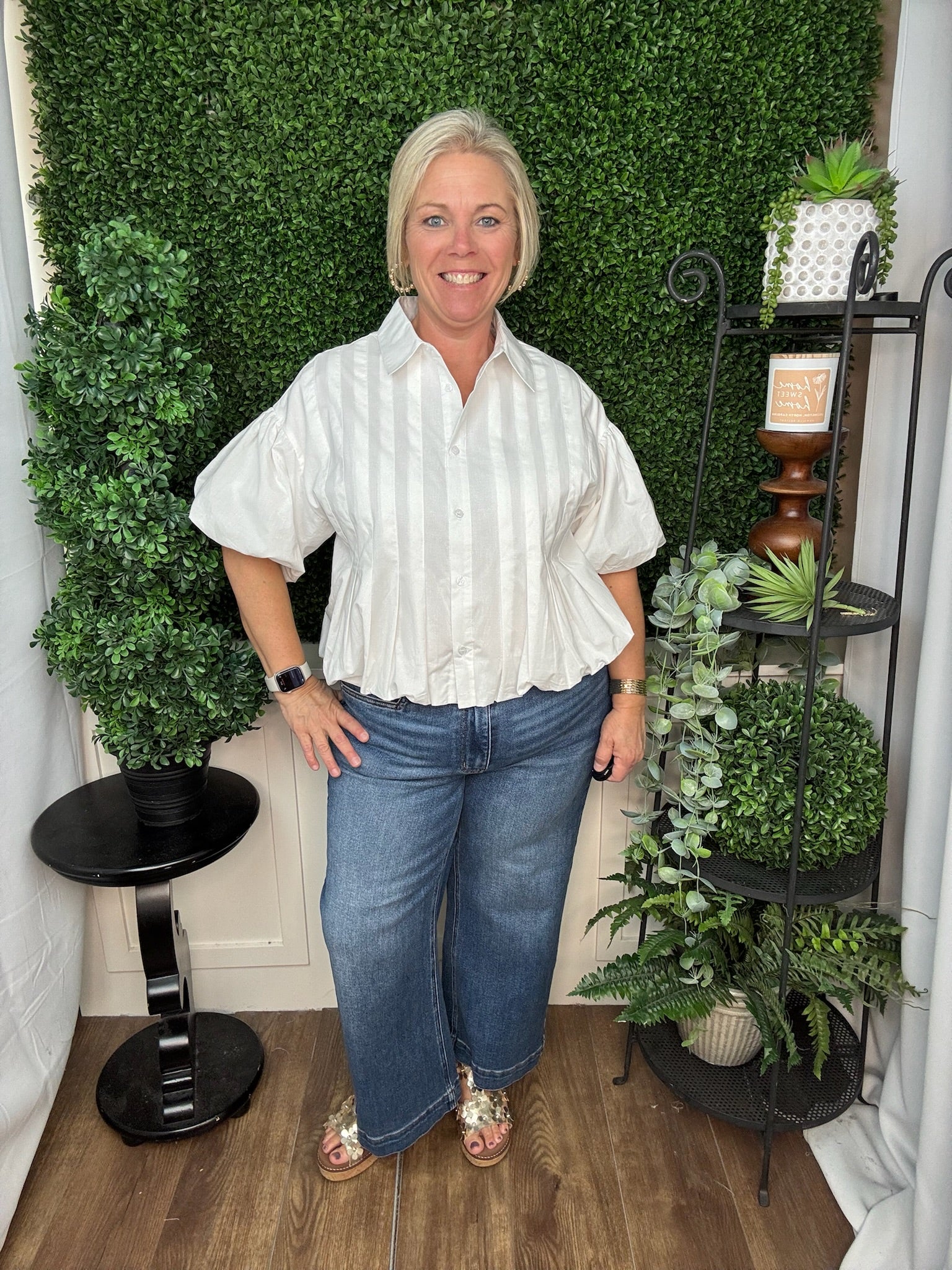 Pleated Panel Puff Sleeve Blouse in White