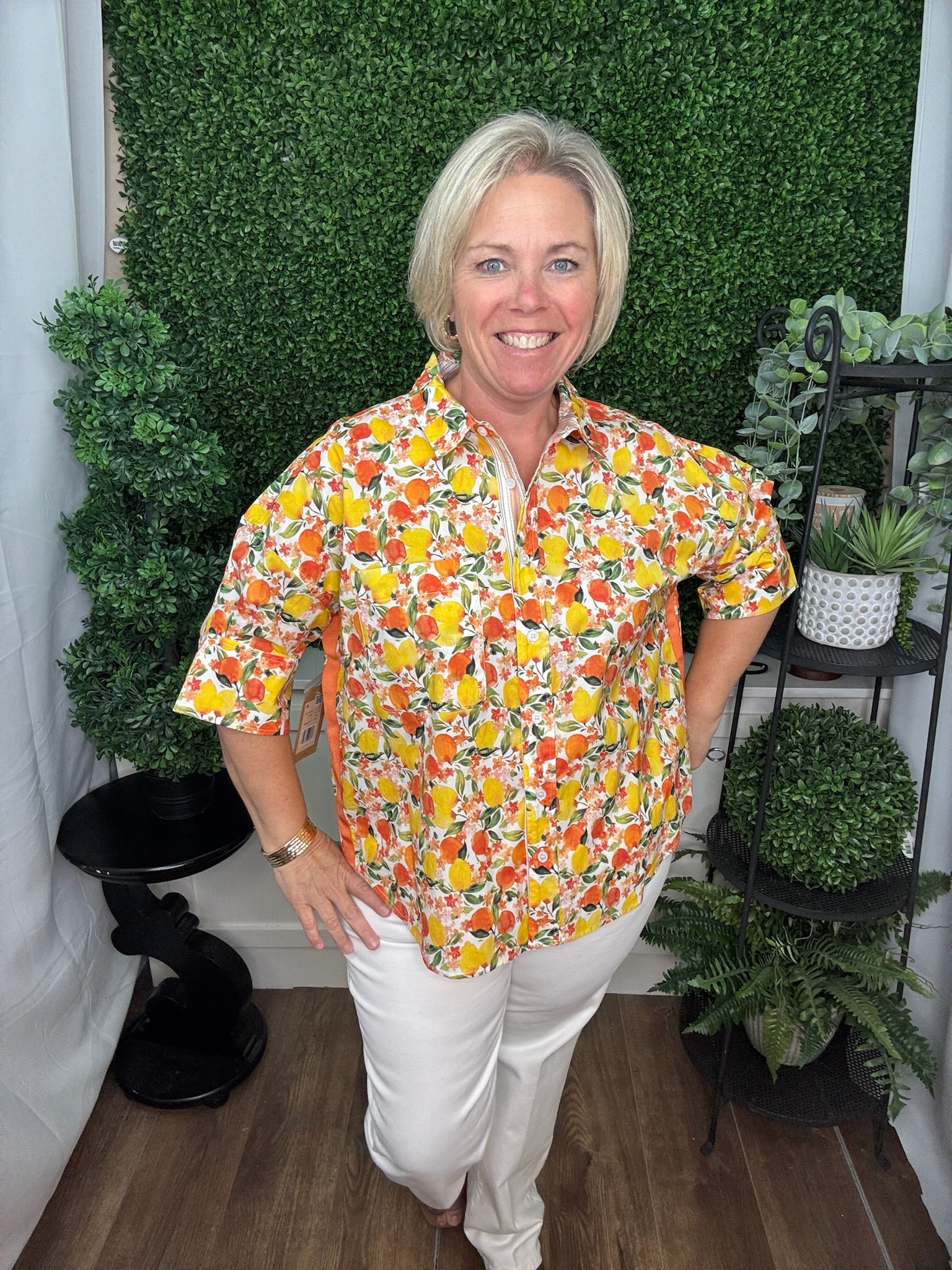 BOXY BUTTON UP WITH RIBBON TRIM TOP - MULTI
