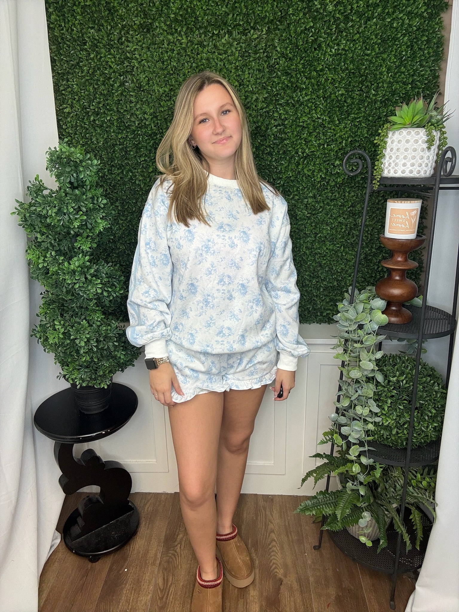 SINGLE TONE FLORAL PRINTED FRENCH TERRY TOP - LIGHT BLUE